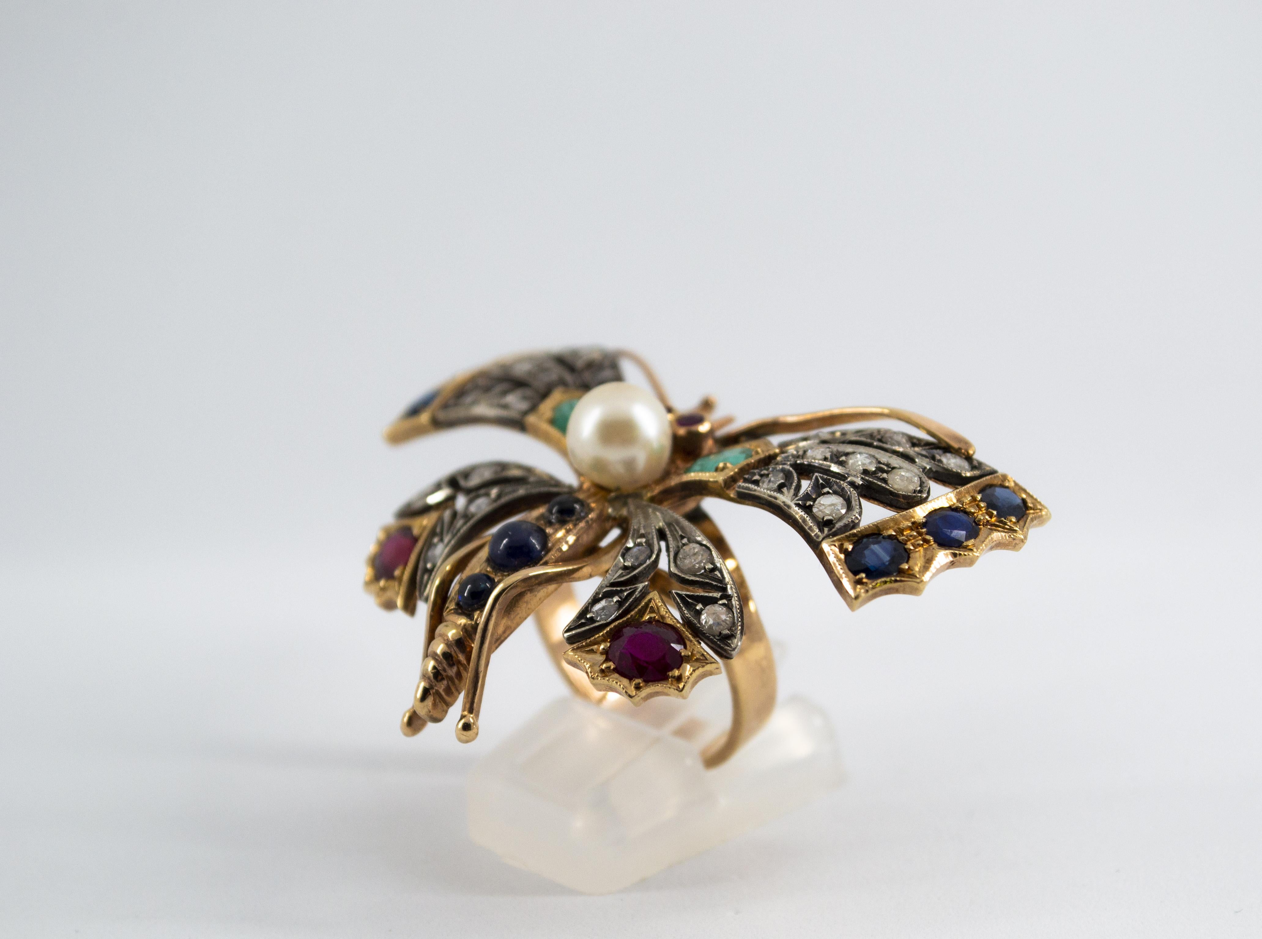 Art Nouveau Emerald Blue Sapphire Ruby Pearl Diamond Yellow Gold 