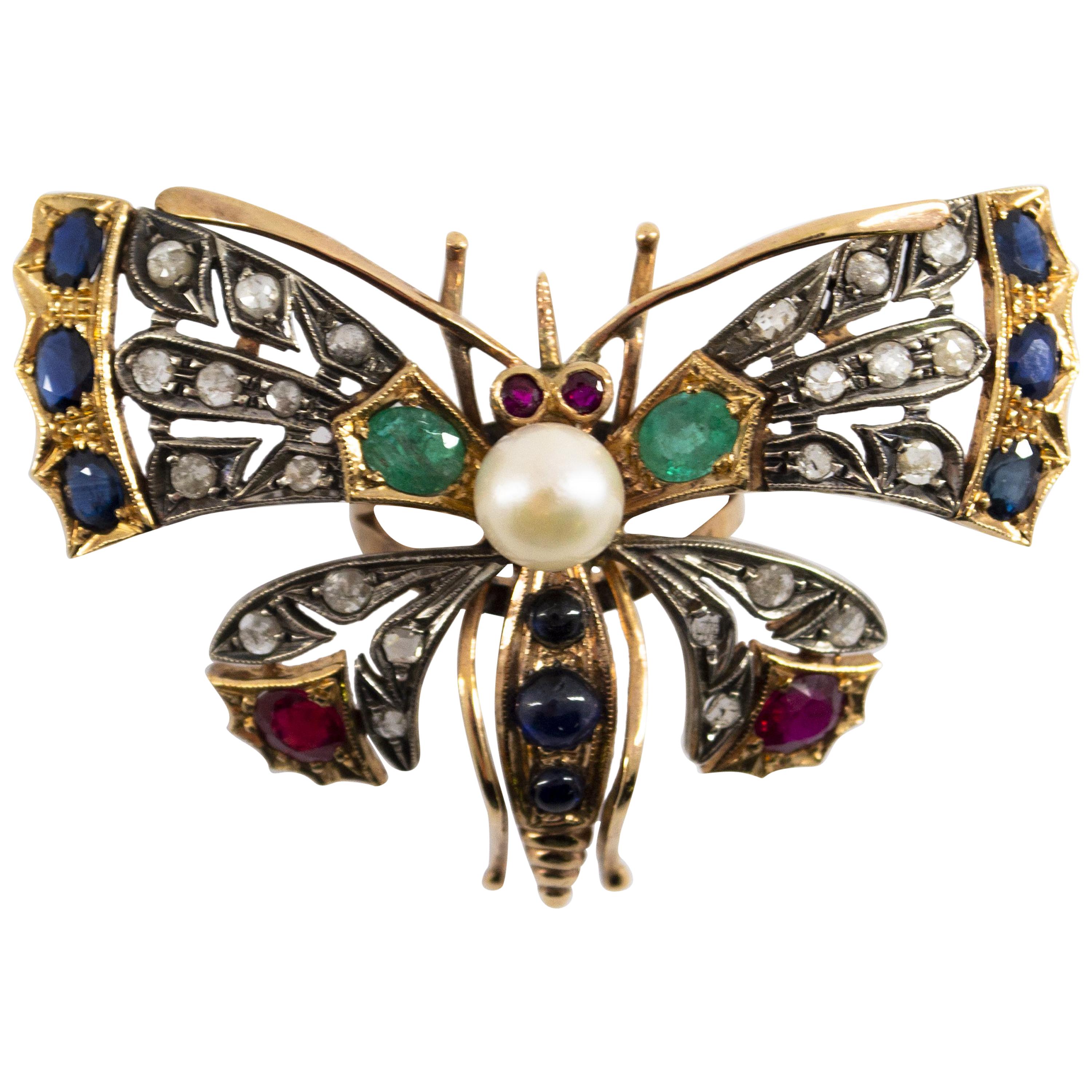 Emerald Blue Sapphire Ruby Pearl Diamond Yellow Gold "Butterfly" Cocktail Ring