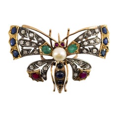 Vintage Emerald Blue Sapphire Ruby Pearl Diamond Yellow Gold "Butterfly" Cocktail Ring