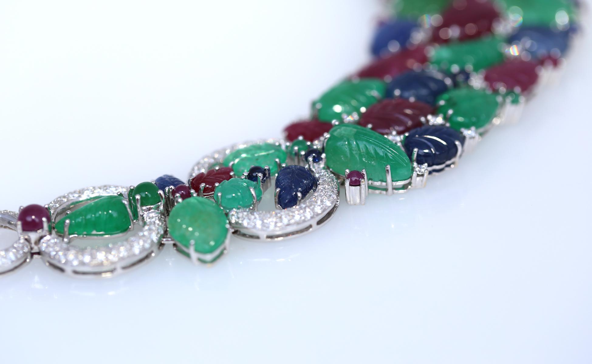 Emerald Diamonds Sapphire Ruby Tutti Frutti Necklace Earrings Set 18K, 1970 For Sale 2