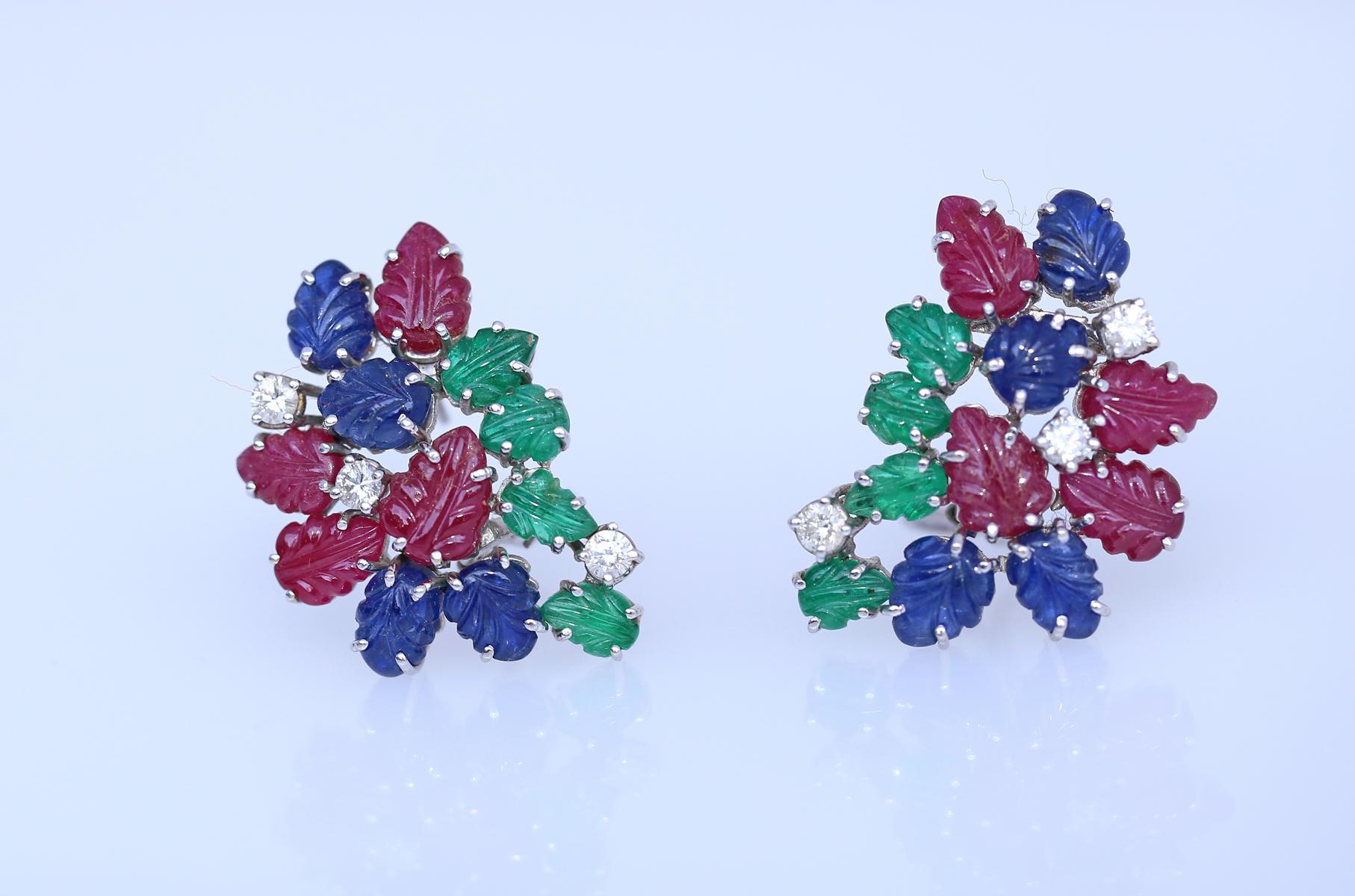 Emerald Diamonds Sapphire Ruby Tutti Frutti Necklace Earrings Set 18K, 1970 For Sale 4