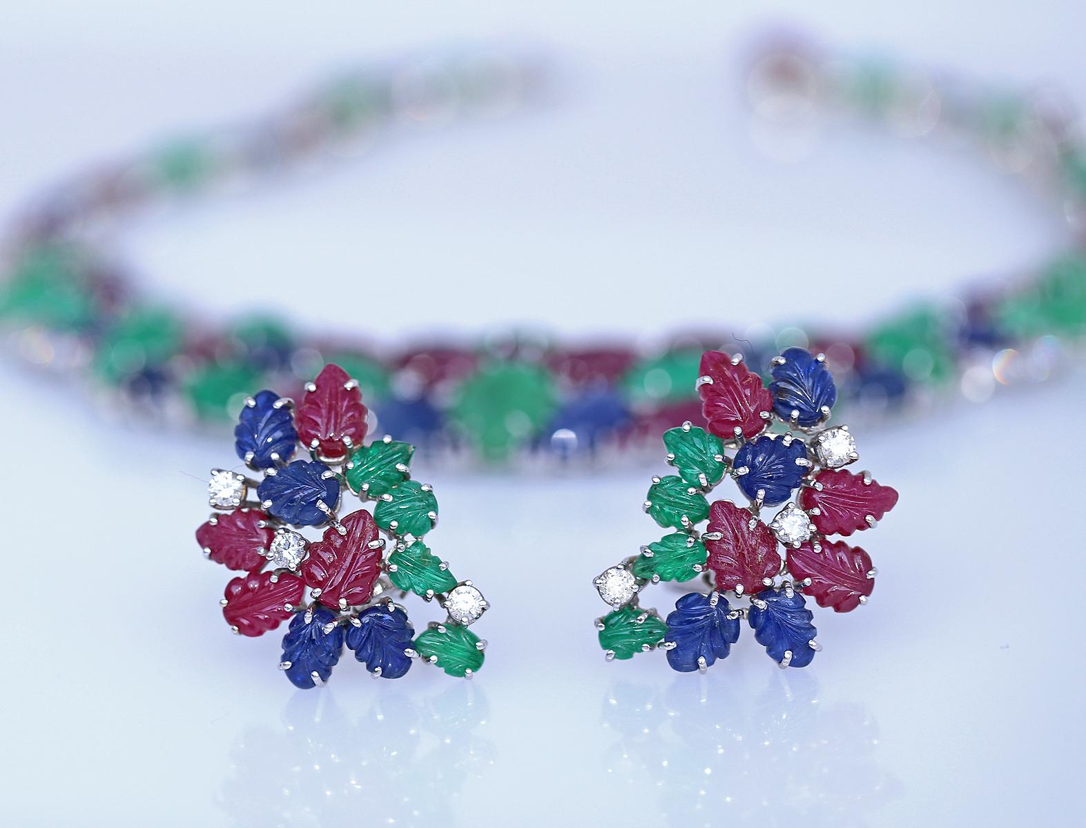 Emerald Diamonds Sapphire Ruby Tutti Frutti Necklace Earrings Set 18K, 1970 For Sale 5