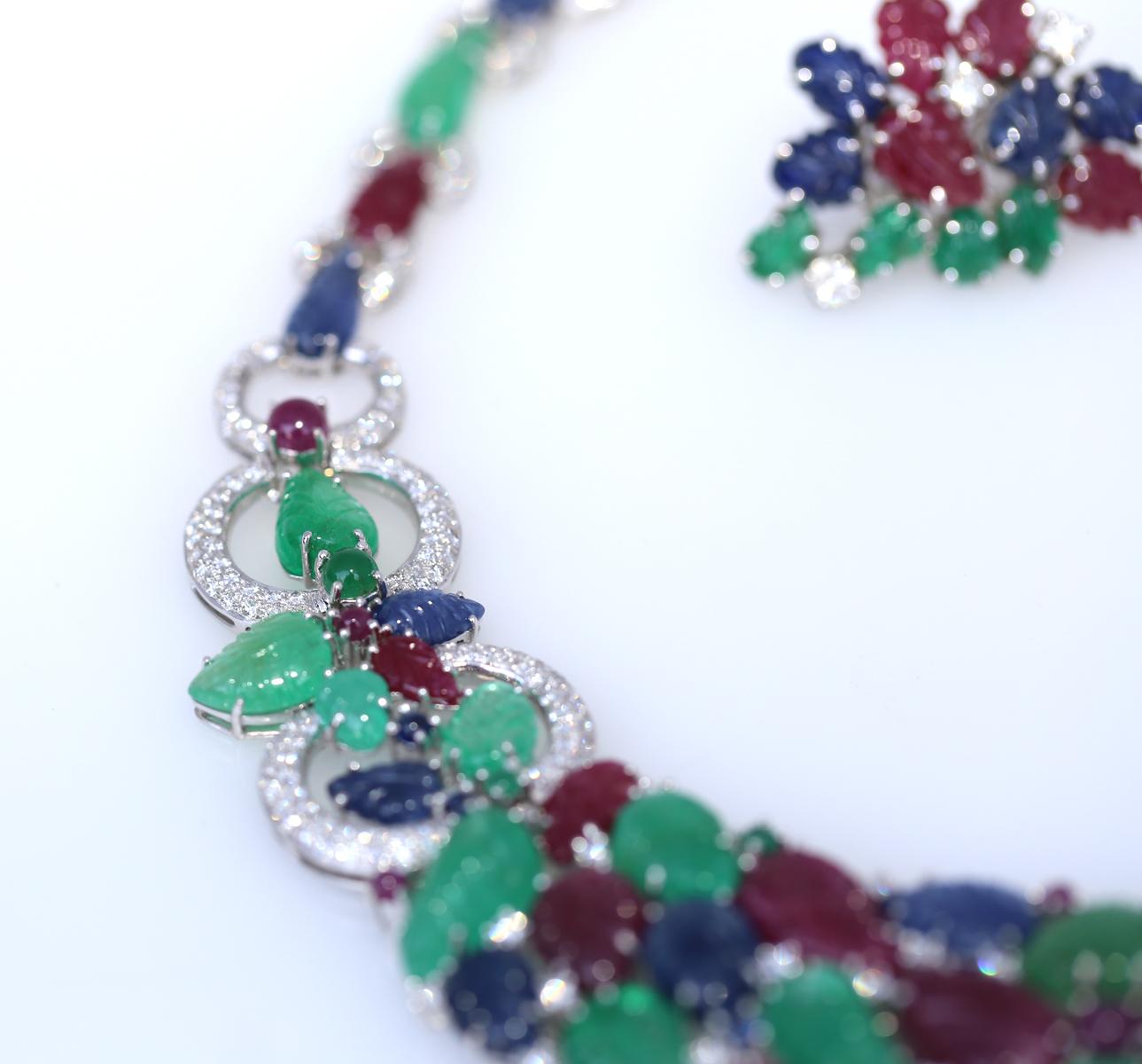 Emerald Cut Emerald Diamonds Sapphire Ruby Tutti Frutti Necklace Earrings Set 18K, 1970 For Sale