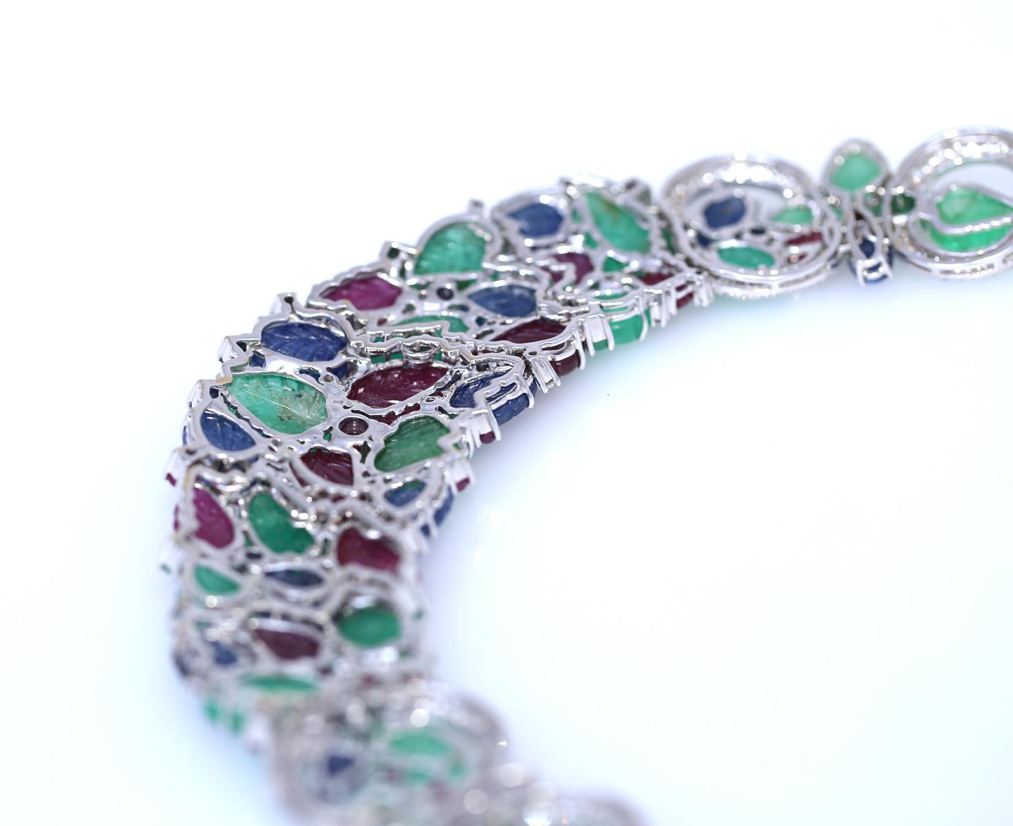 Emerald Diamonds Sapphire Ruby Tutti Frutti Necklace Earrings Set 18K, 1970 In Good Condition For Sale In Herzelia, Tel Aviv