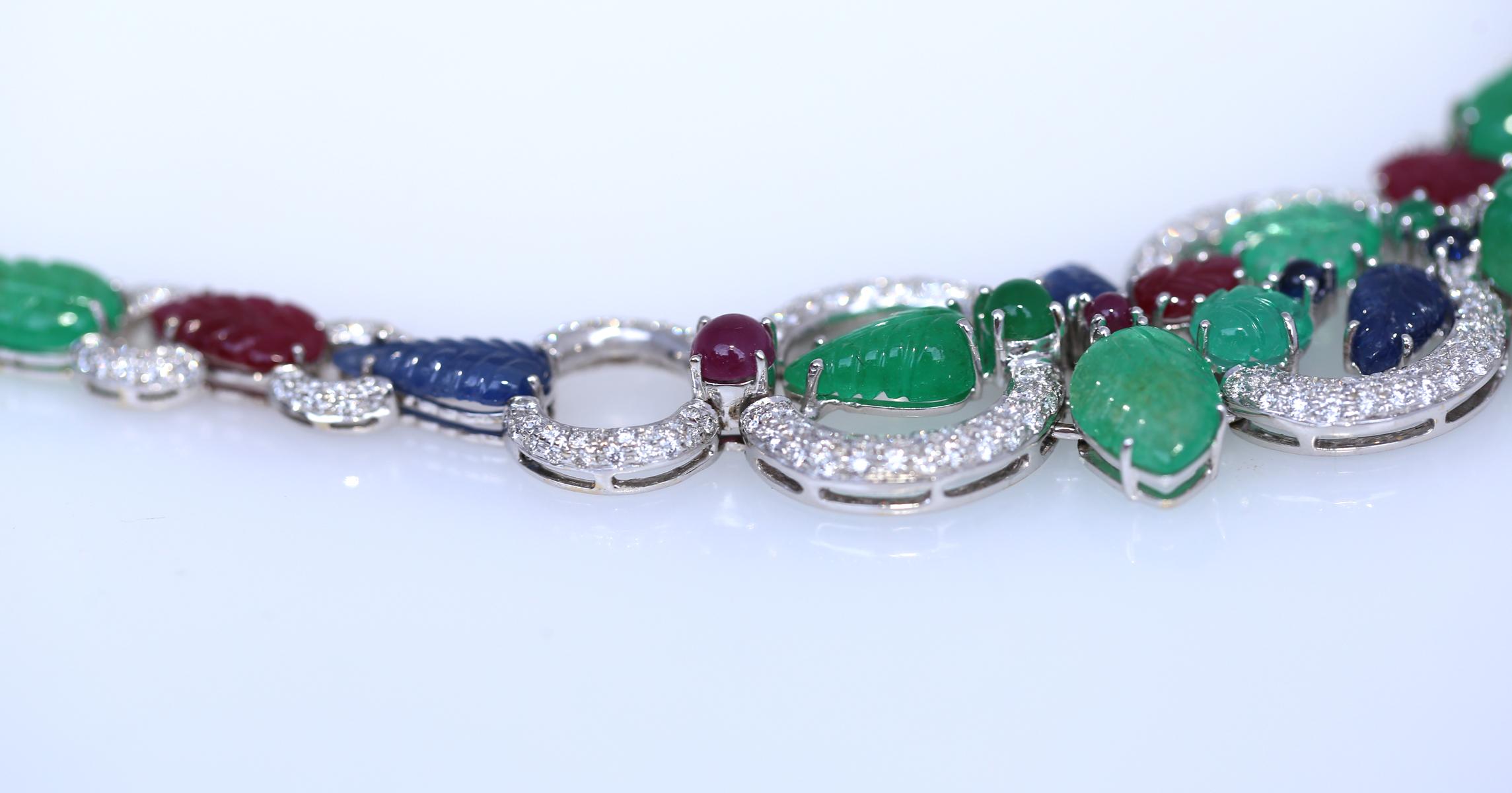 Emerald Diamonds Sapphire Ruby Tutti Frutti Necklace Earrings Set 18K, 1970 For Sale 1