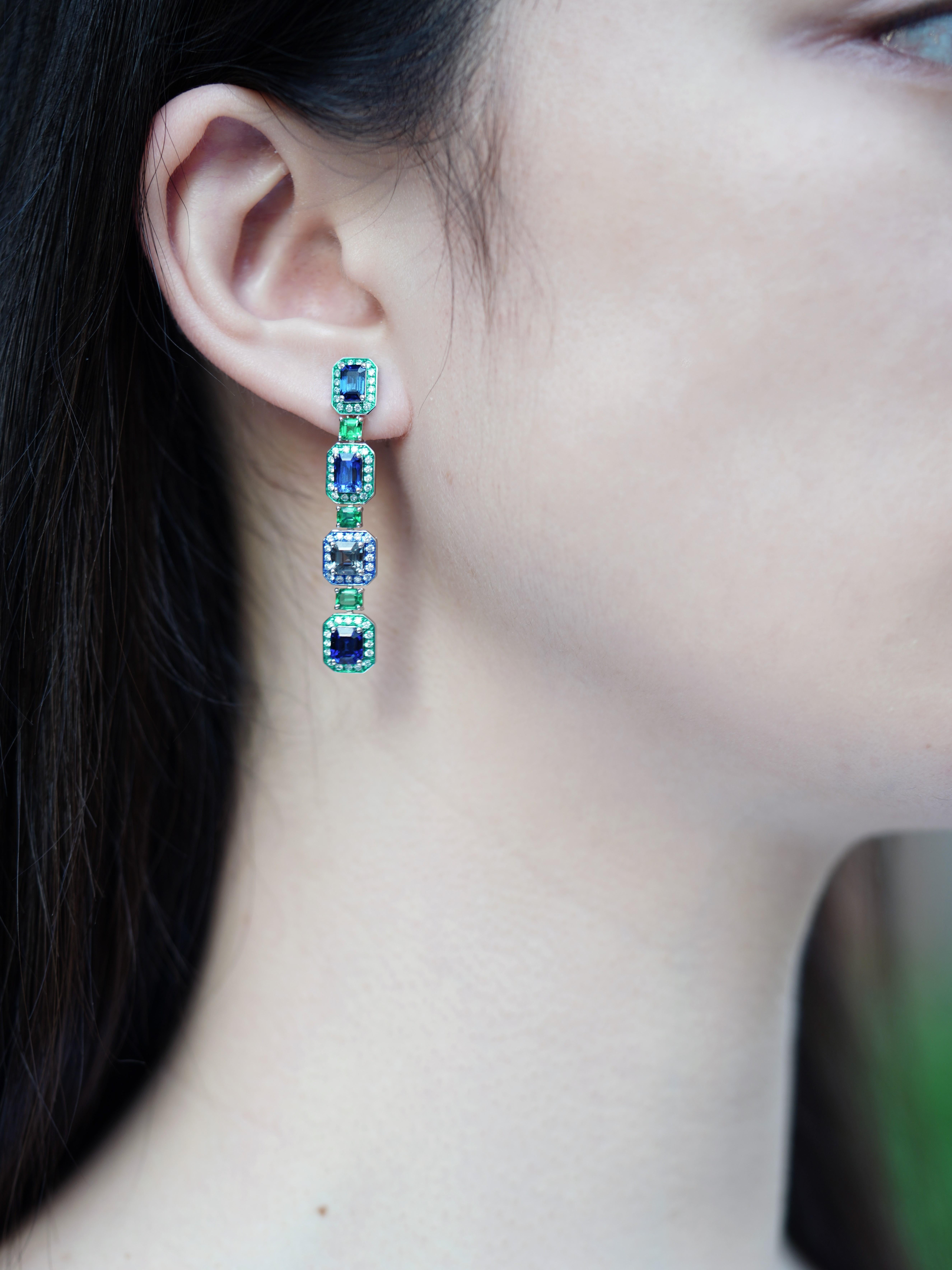 Emerald, Blue Sapphire, Spinel, Pearl & Diamond Earrings, 18K Gold, Austy Lee For Sale 2