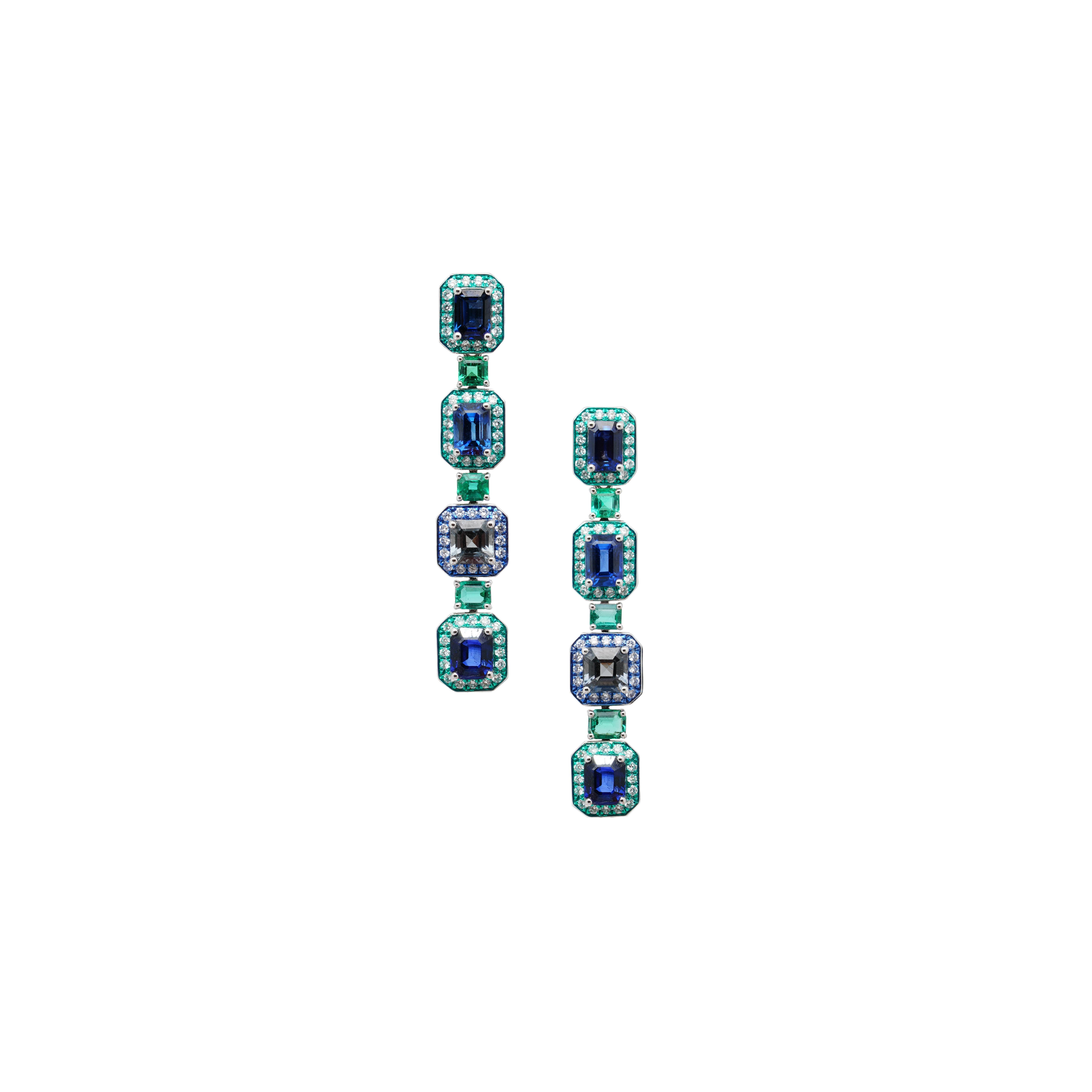 Art Deco Emerald, Blue Sapphire, Spinel, Pearl & Diamond Earrings, 18K Gold, Austy Lee For Sale