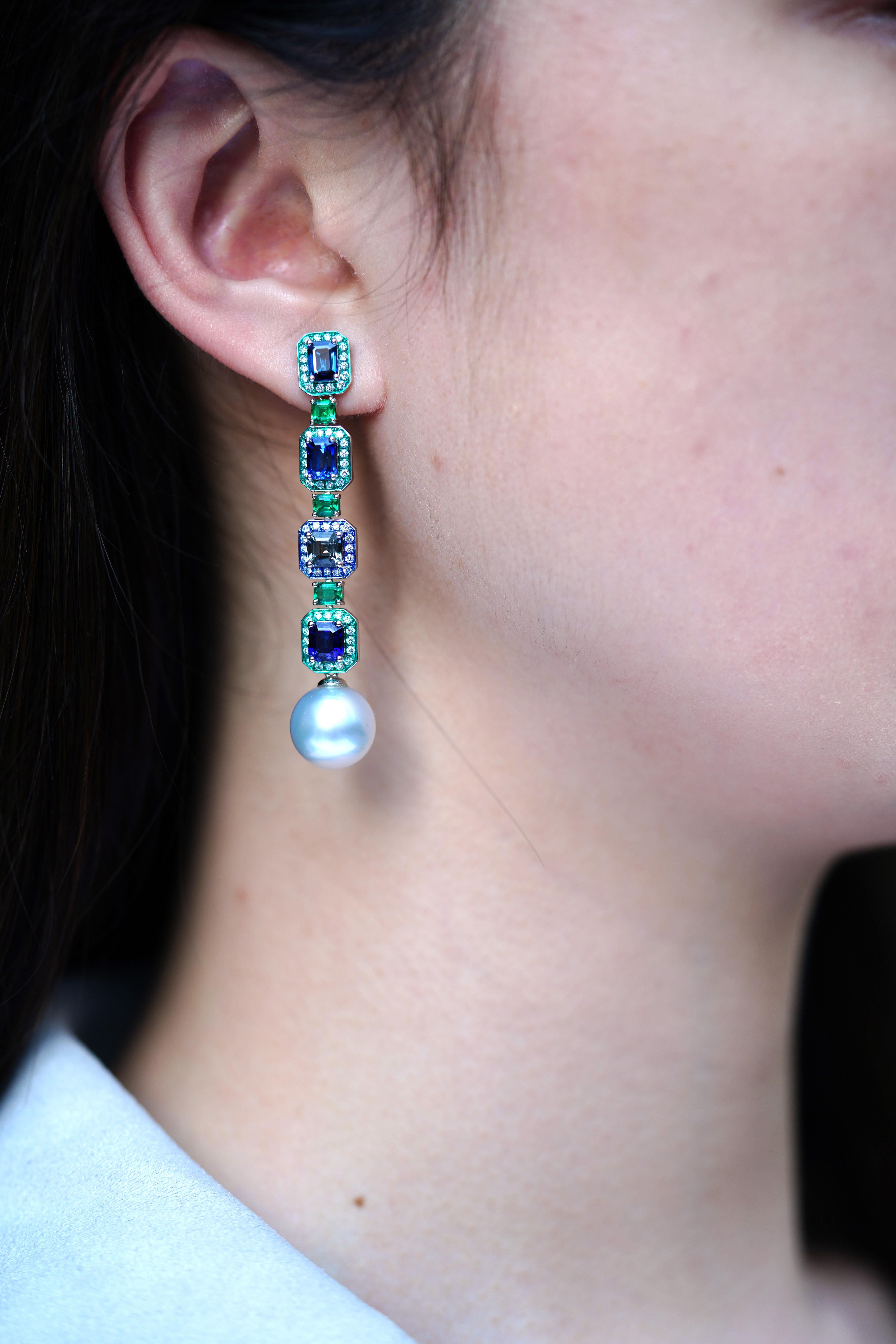 Mixed Cut Emerald, Blue Sapphire, Spinel, Pearl & Diamond Earrings, 18K Gold, Austy Lee For Sale