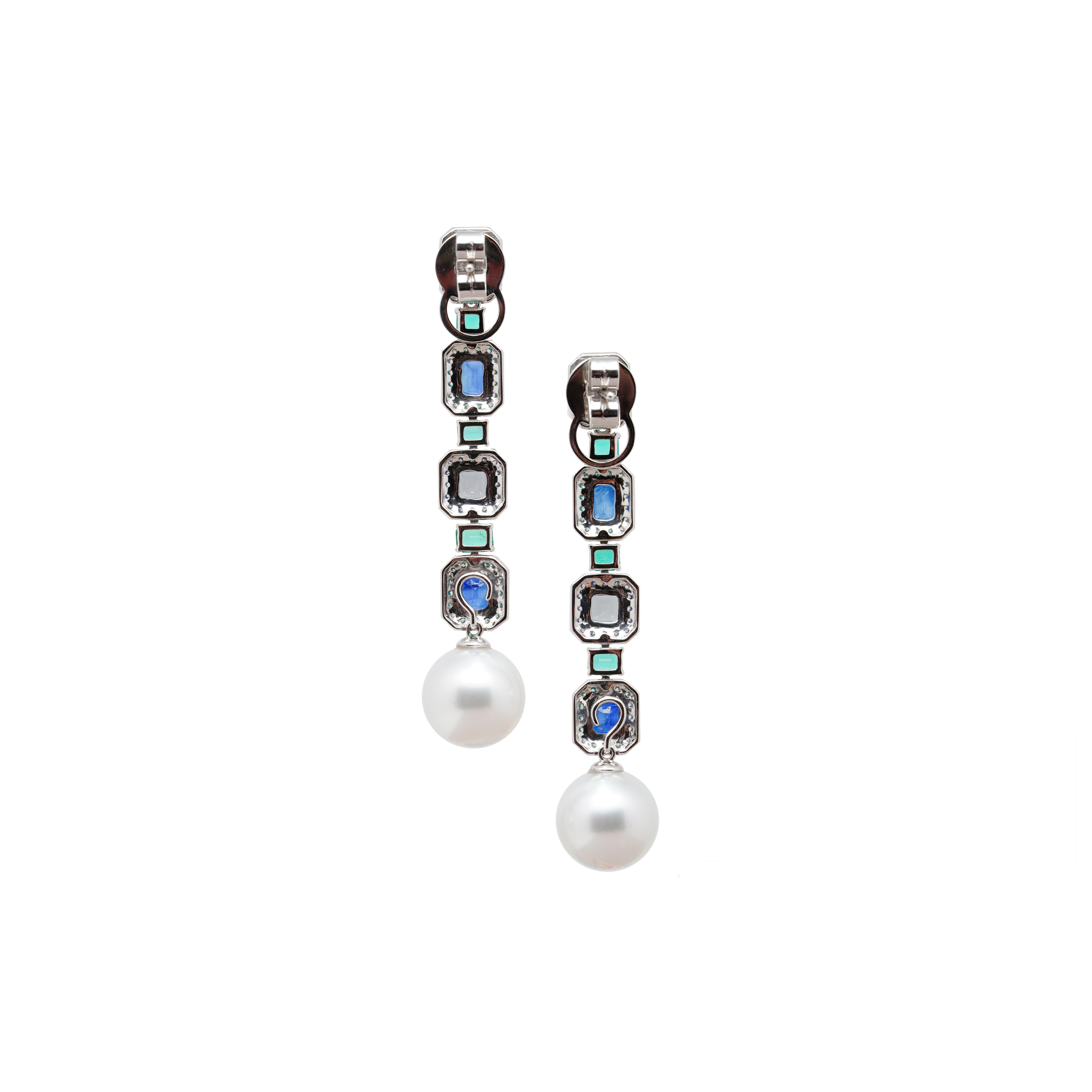 Emerald, Blue Sapphire, Spinel, Pearl & Diamond Earrings, 18K Gold, Austy Lee In New Condition For Sale In Hong Kong, HK