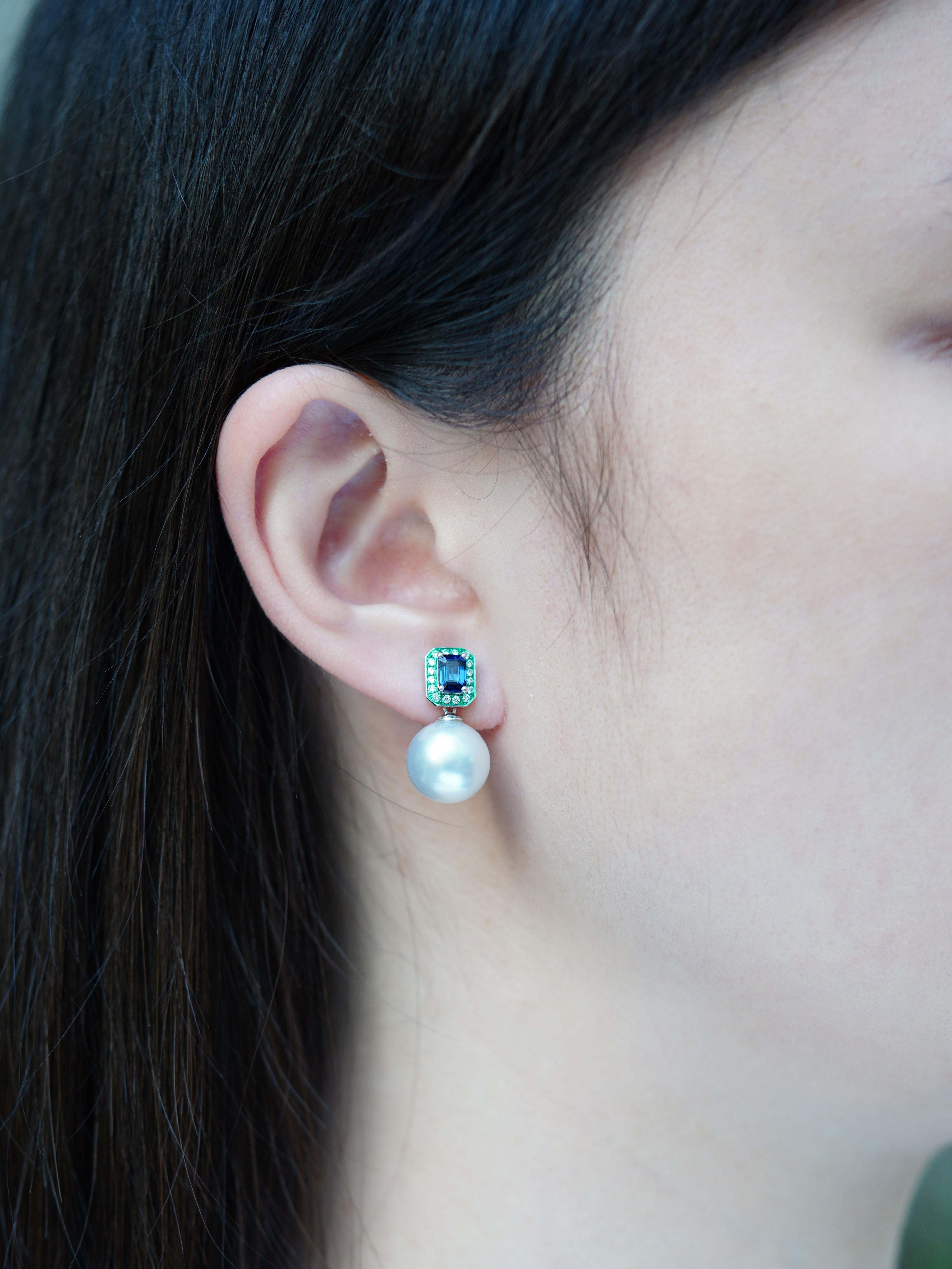 Emerald, Blue Sapphire, Spinel, Pearl & Diamond Earrings, 18K Gold, Austy Lee For Sale 1