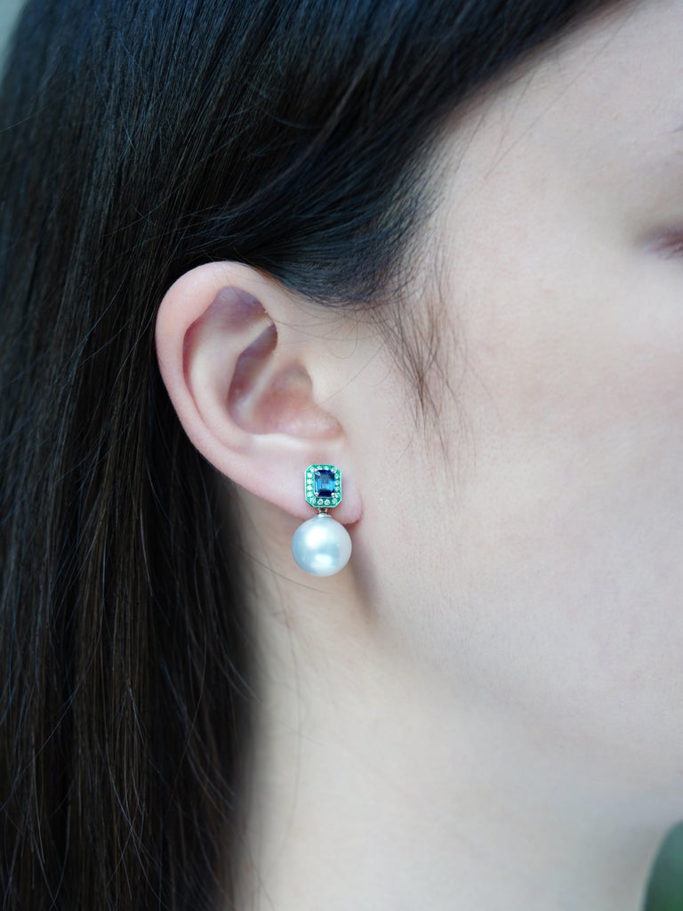 Emerald, Blue Sapphire, Spinel, Pearl & Diamond Earrings, 18K Gold, Austy Lee For Sale 3