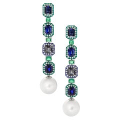 Emerald, Blue Sapphire, Spinel, Pearl & Diamond Earrings, 18K Gold, Austy Lee