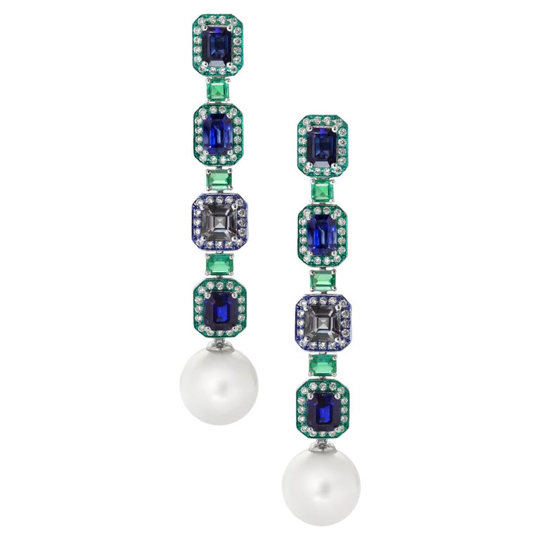 Emerald, Blue Sapphire, Spinel, Pearl & Diamond Earrings, 18K Gold, Austy Lee For Sale