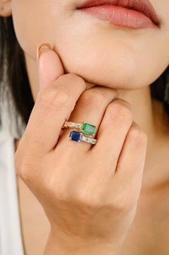 Emerald Blue Sapphire Toi et Moi By Pass Ring with Diamonds in 14k Solid Gold