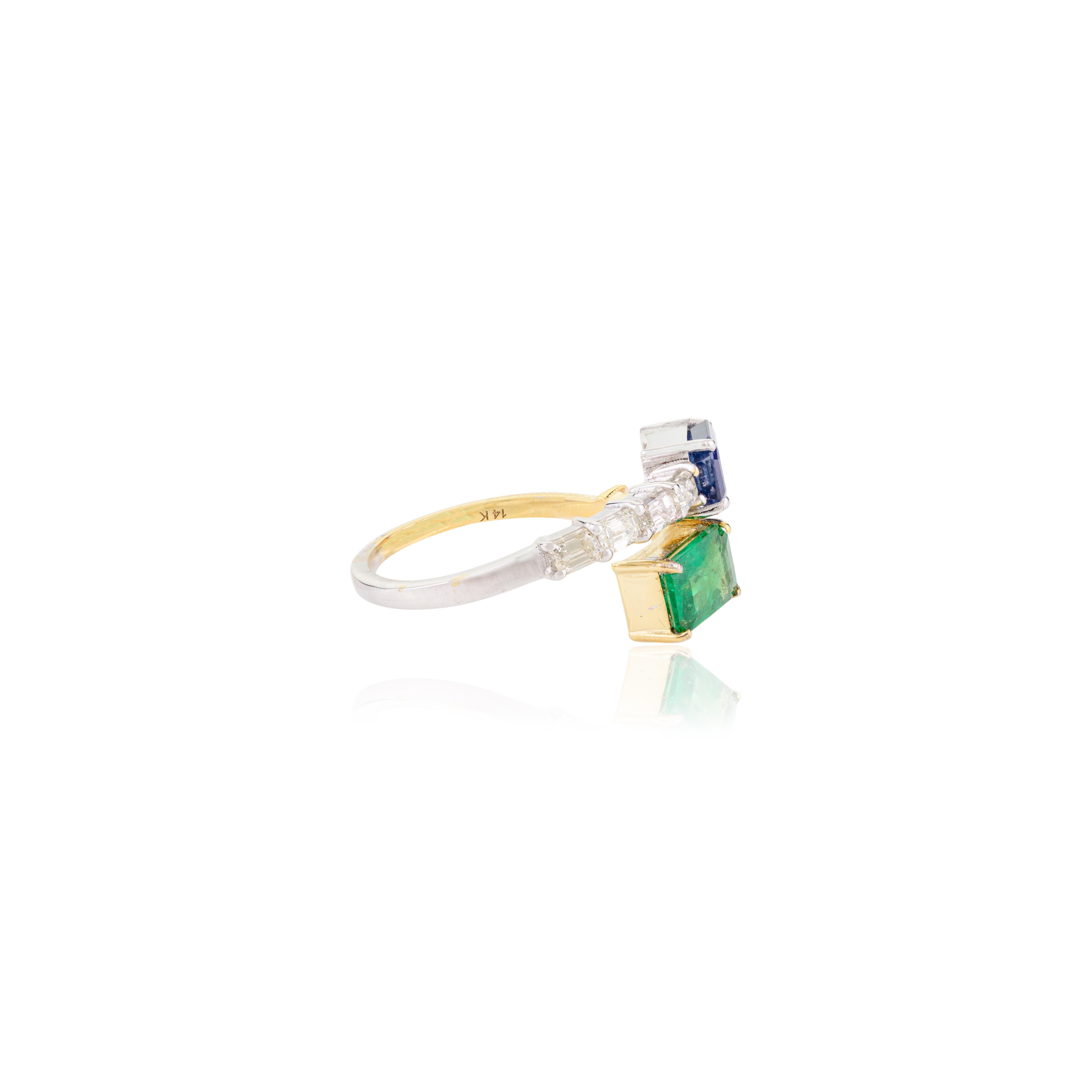 For Sale:  Emerald Blue Sapphire Toi et Moi By Pass Ring with Diamonds in 14k Solid Gold 3