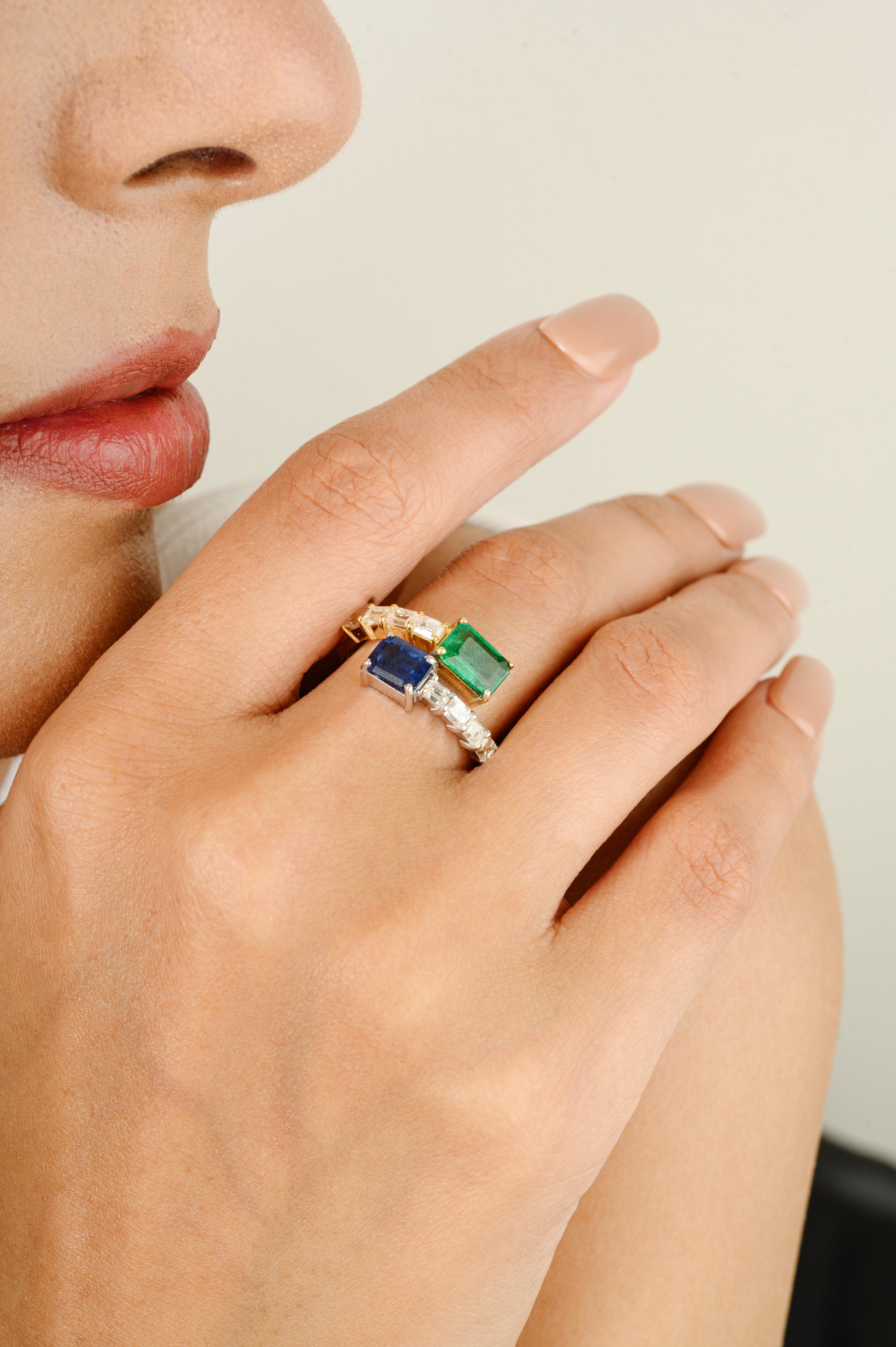 For Sale:  Emerald Blue Sapphire Toi et Moi By Pass Ring with Diamonds in 14k Solid Gold 4