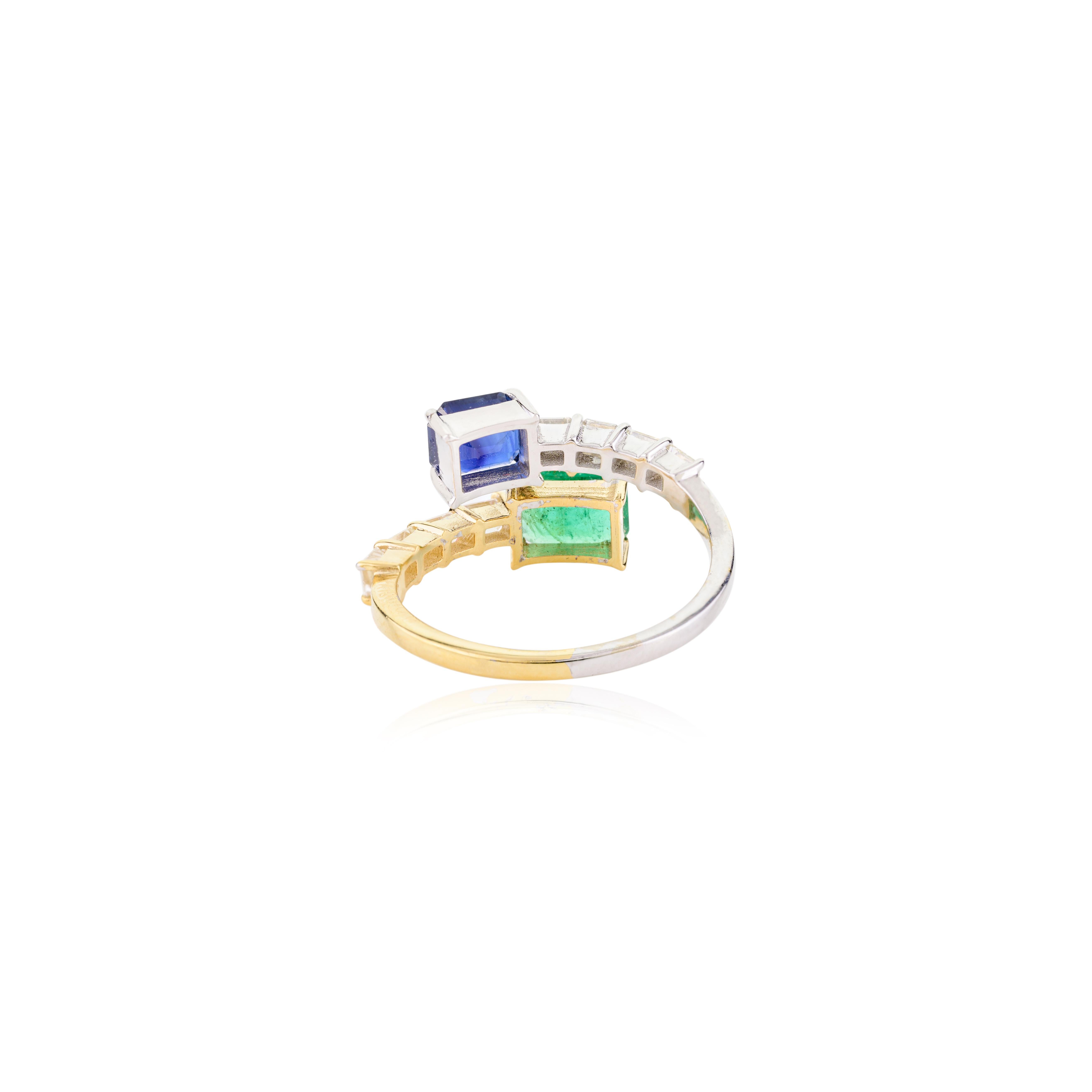 For Sale:  Emerald Blue Sapphire Toi et Moi By Pass Ring with Diamonds in 14k Solid Gold 5