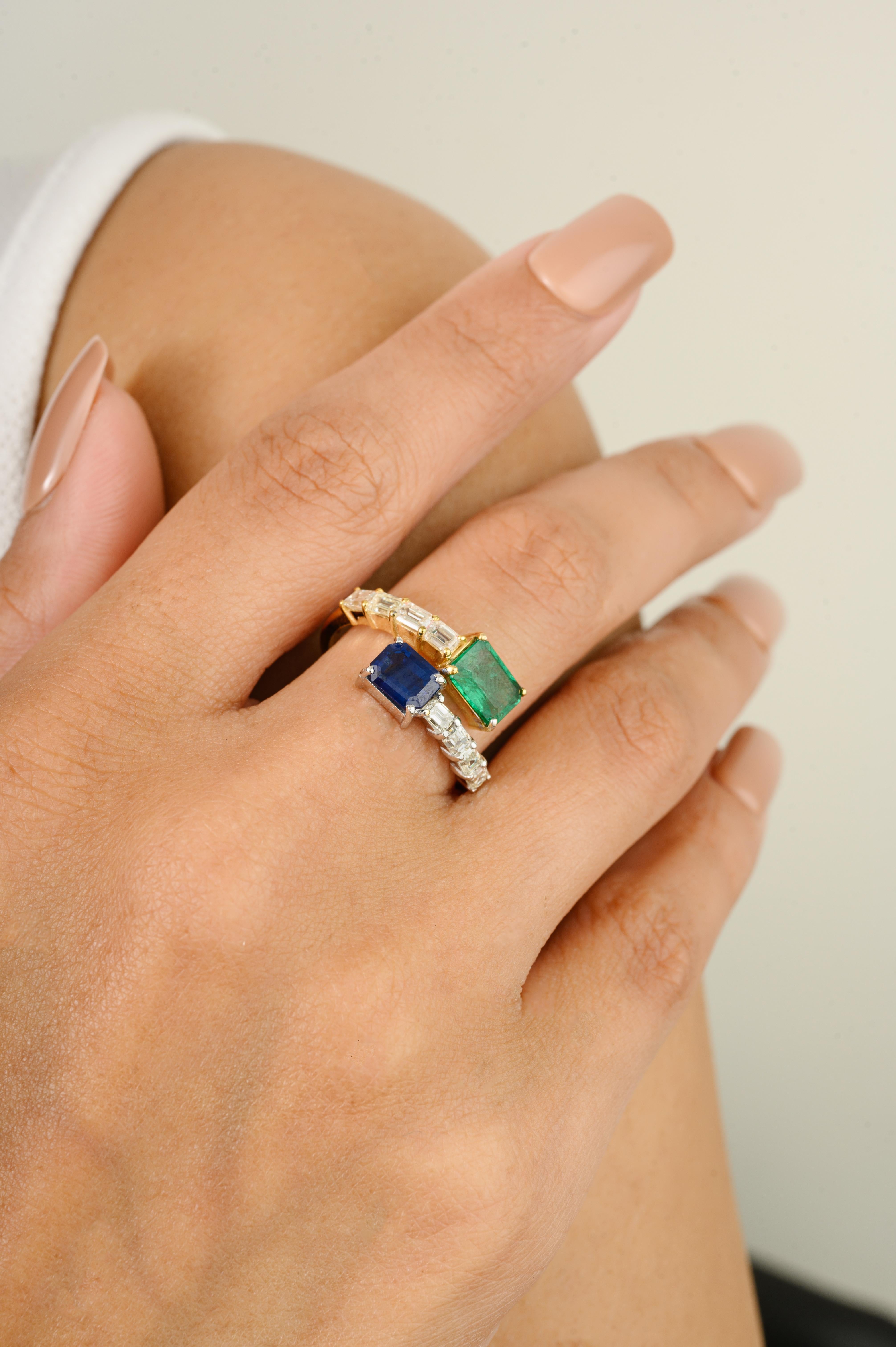 For Sale:  Emerald Blue Sapphire Toi et Moi By Pass Ring with Diamonds in 14k Solid Gold 6
