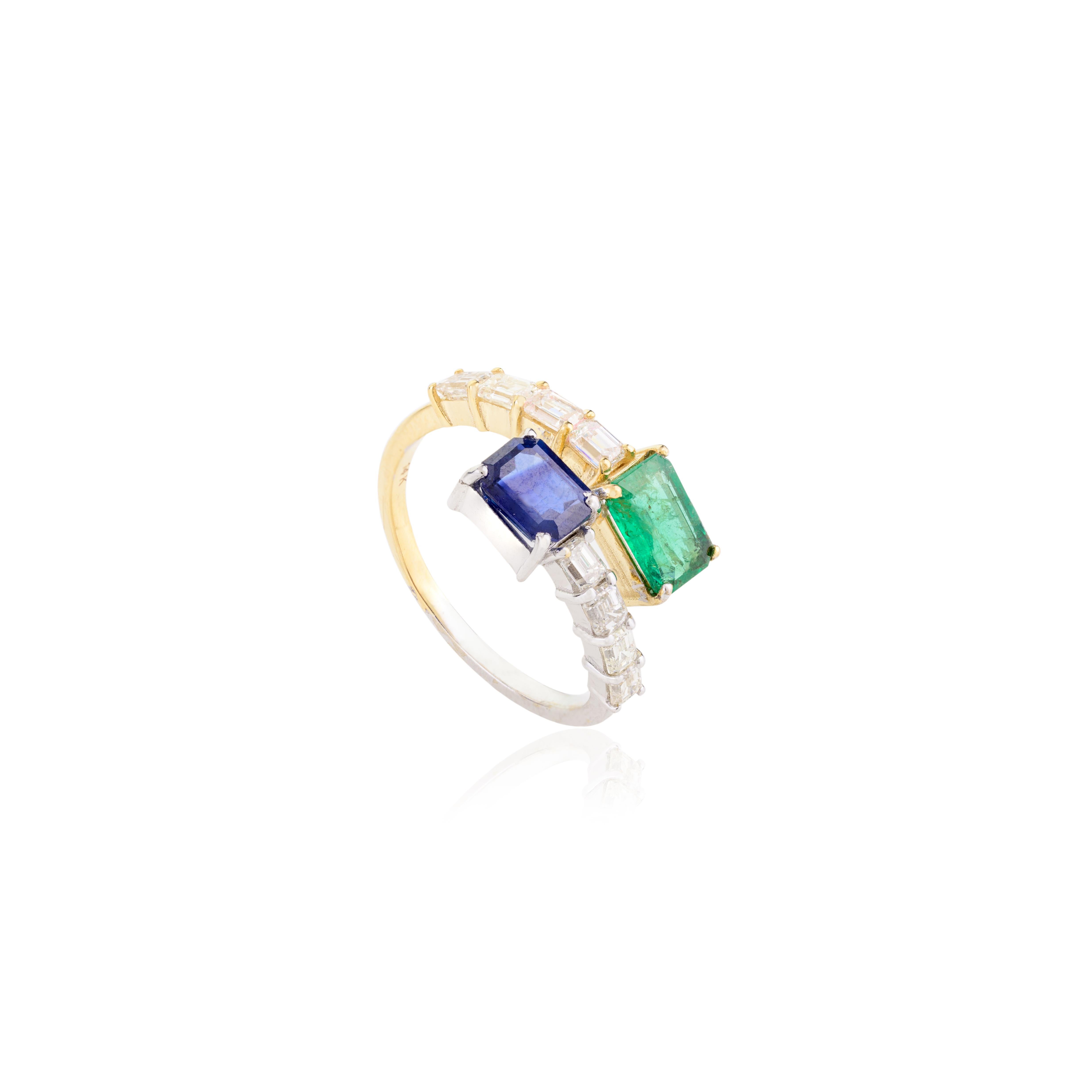 For Sale:  Emerald Blue Sapphire Toi et Moi By Pass Ring with Diamonds in 14k Solid Gold 7