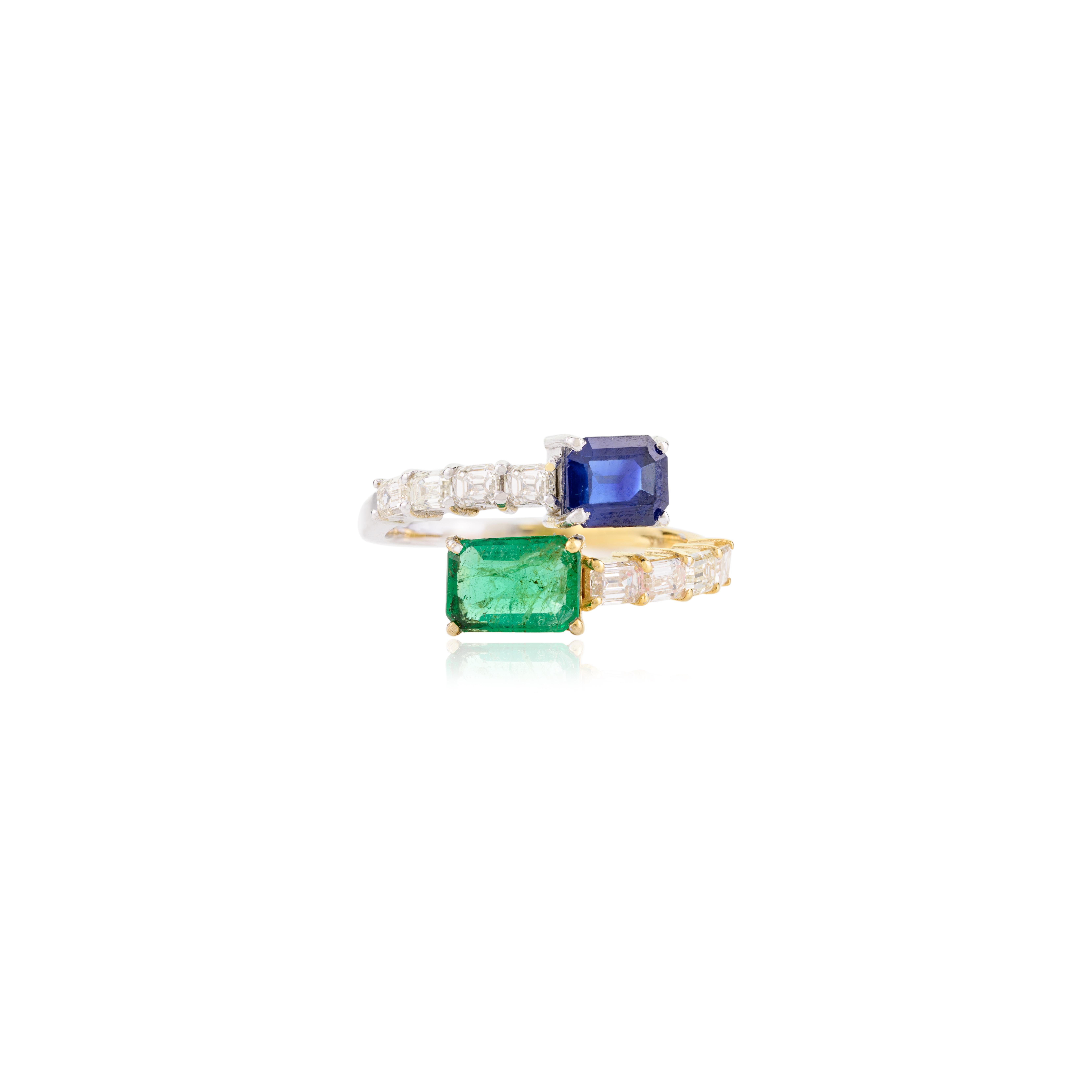 For Sale:  Emerald Blue Sapphire Toi et Moi By Pass Ring with Diamonds in 14k Solid Gold 8