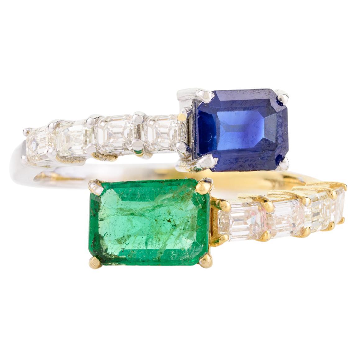 For Sale:  Emerald Blue Sapphire Toi et Moi By Pass Ring with Diamonds in 14k Solid Gold