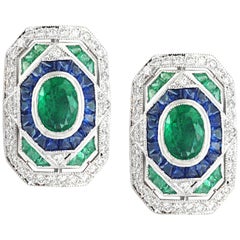 Emerald, Blue Sapphire with Diamond Earrings Set in 18 Karat White Gold Setting