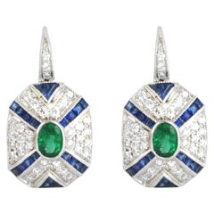 Emerald, Blue Sapphire with Diamond Earrings Set in 18 Karat White Gold Settings