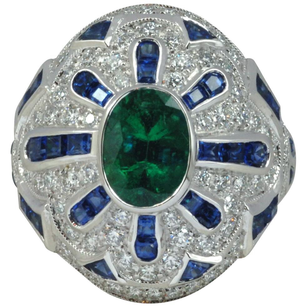 Emerald, Blue Sapphire with Diamond Ring in 18 Karat White Gold Settings
