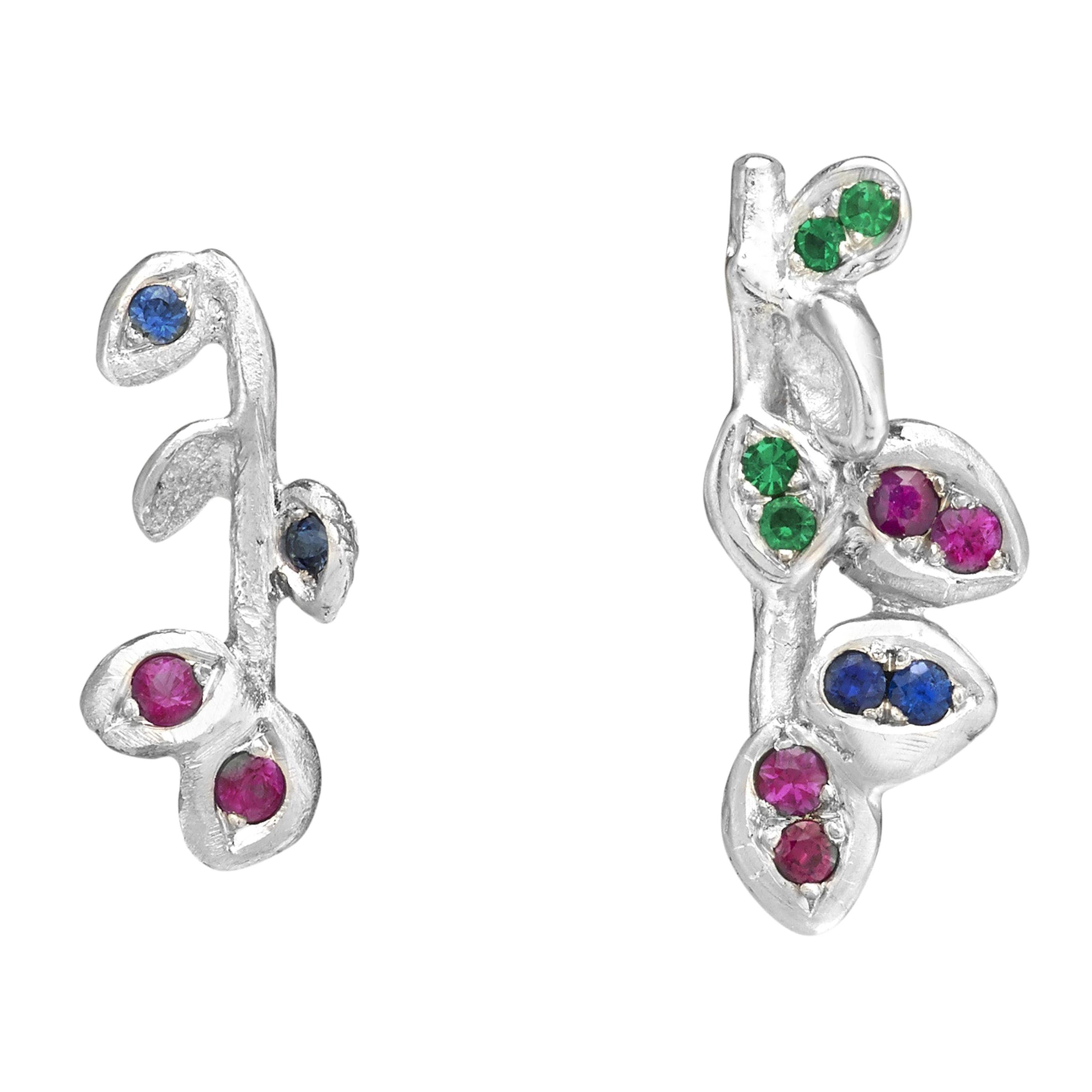 18 Karat White Gold Asymmetrical Emerald Ruby and Sapphire Flower Stud Earrings For Sale