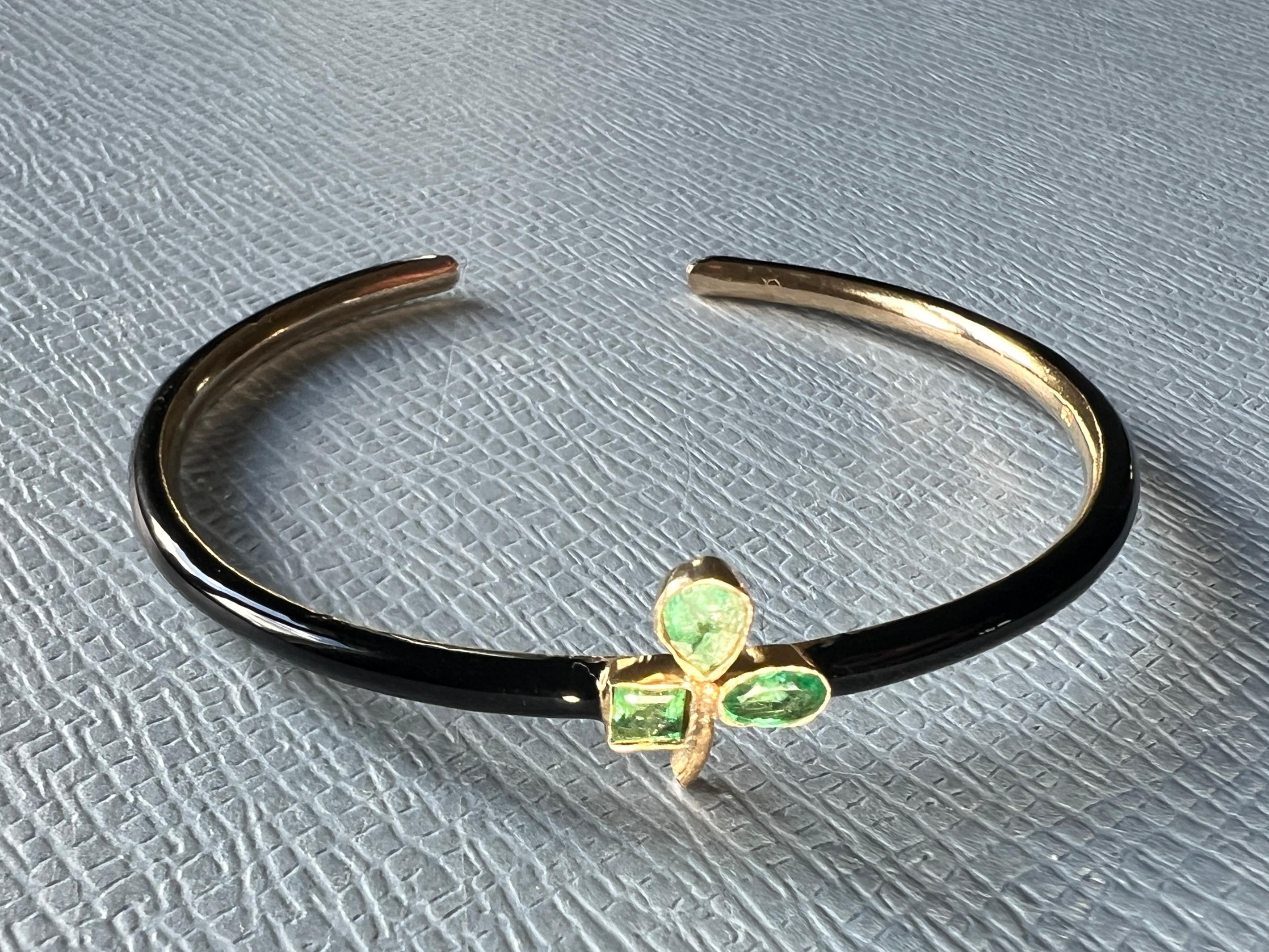 Pulsera Esmeralda Trébol Esmalte Negro en venta 1