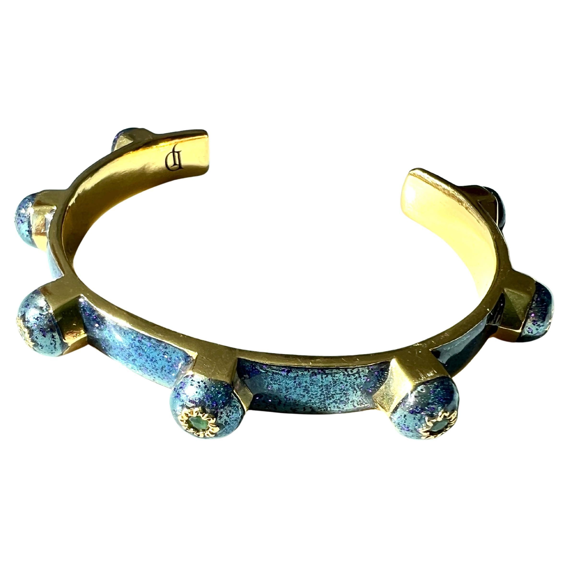 Brilliant Cut Cuff Bracelet Emerald Bracelet Stud Light Blue Enamel Victorian Style For Sale