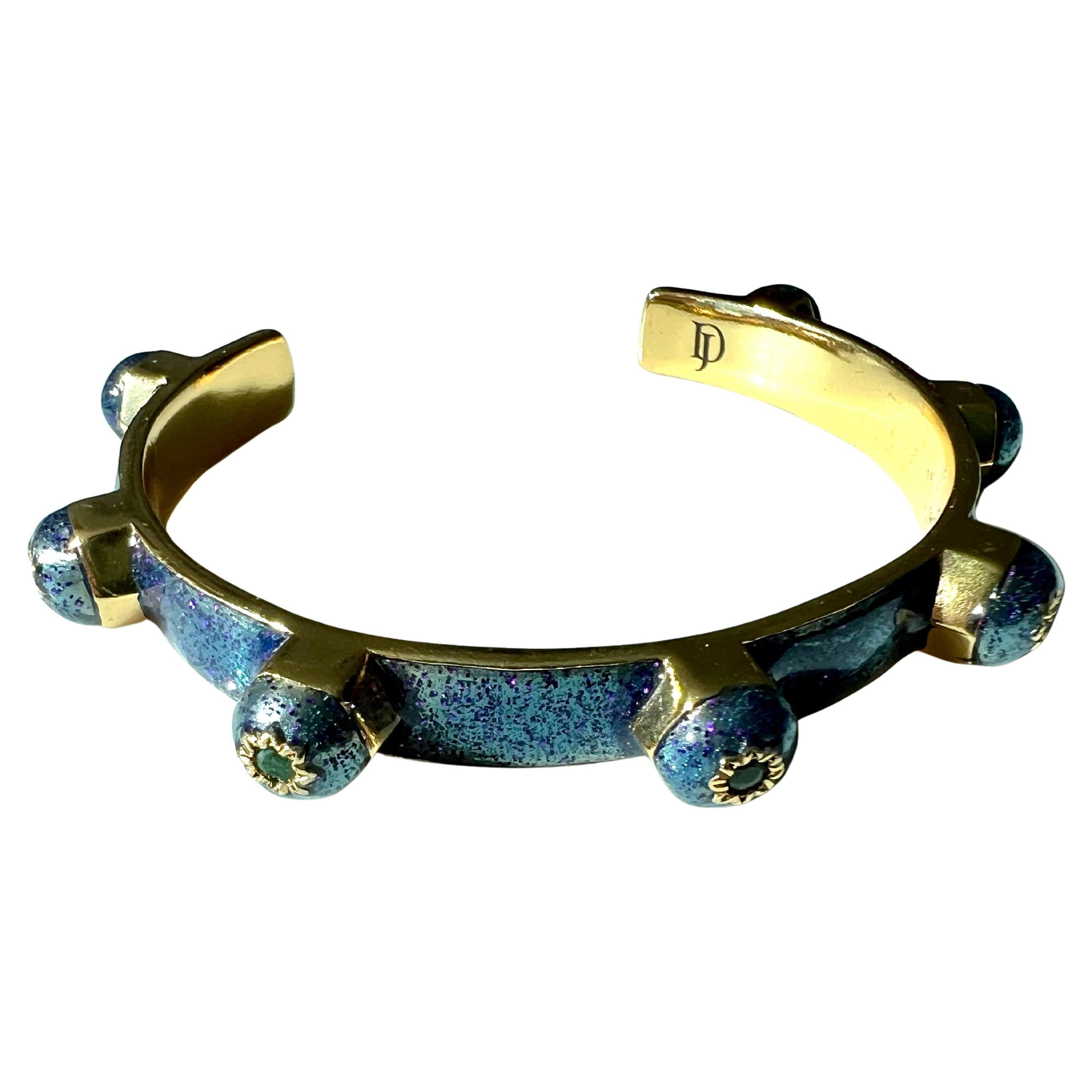 Cuff Bracelet Emerald Bracelet Stud Light Blue Enamel Victorian Style In New Condition For Sale In Los Angeles, CA