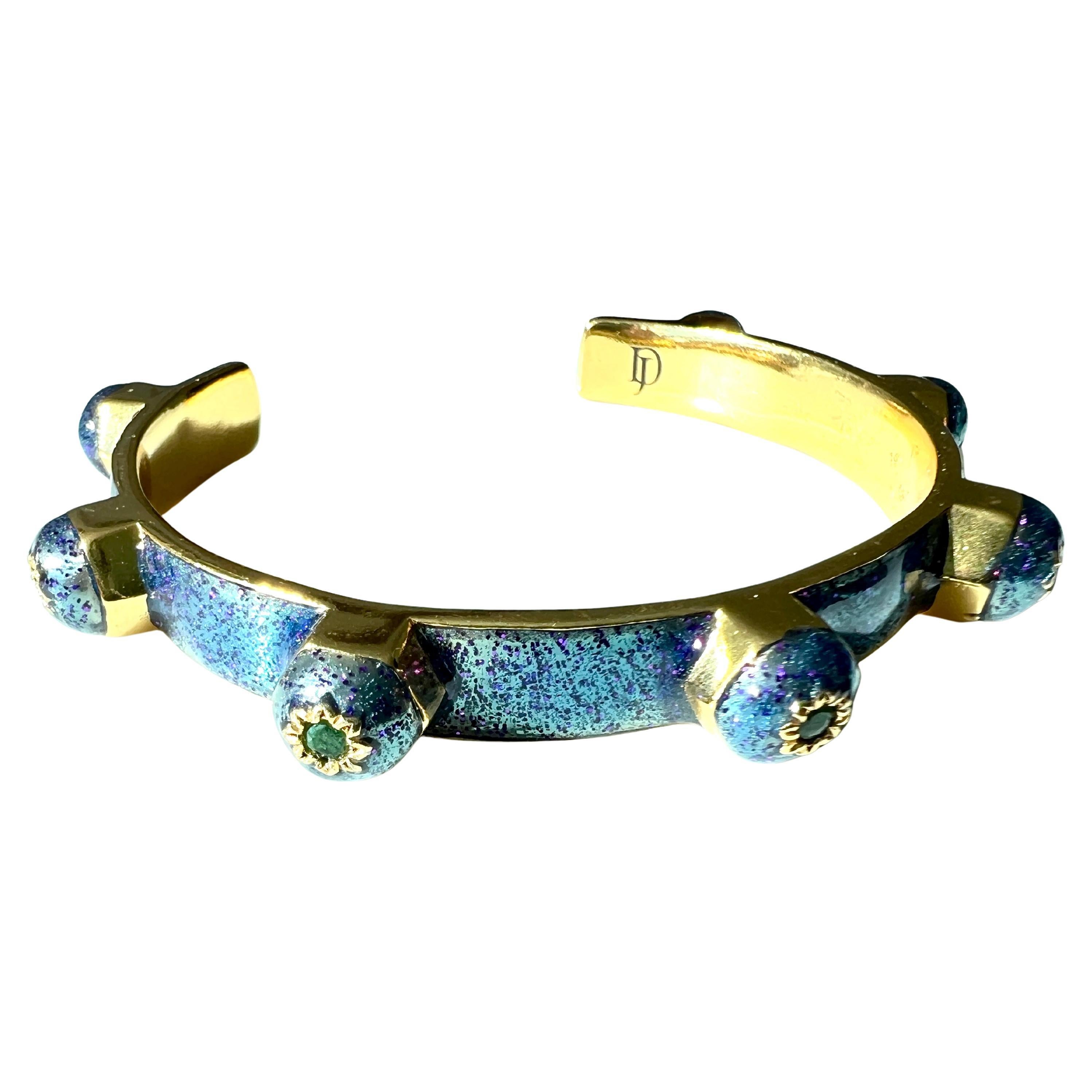 Women's Cuff Bracelet Emerald Bracelet Stud Light Blue Enamel Victorian Style For Sale