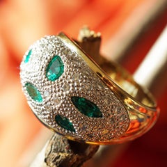 Emerald Brilliant Ring Tiger's Eye Poison Green Emerald Navettes in Dome Head