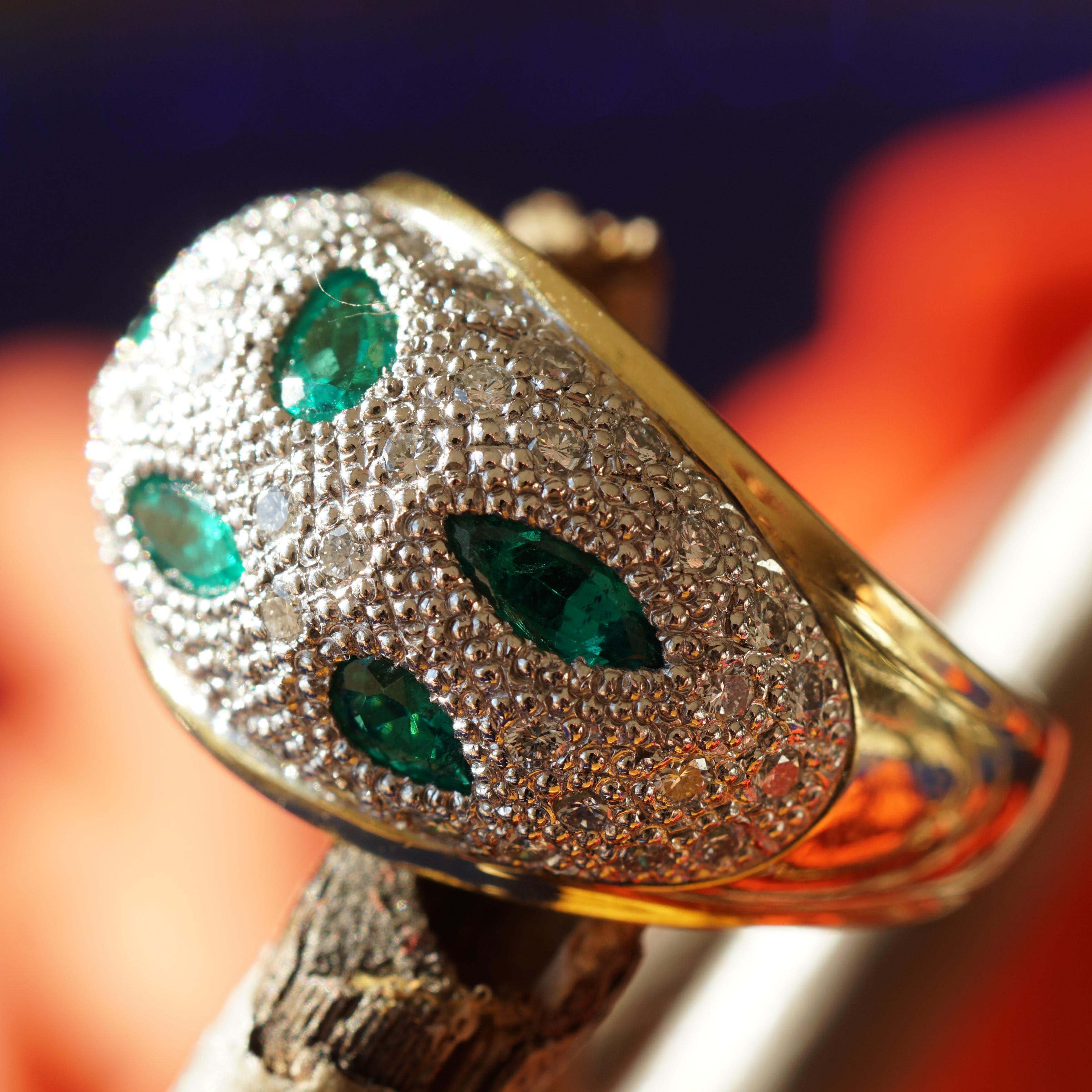 Modern Emerald Brilliant Ring Tiger's Eye Poison Green Emerald Navettes in Dome Head For Sale
