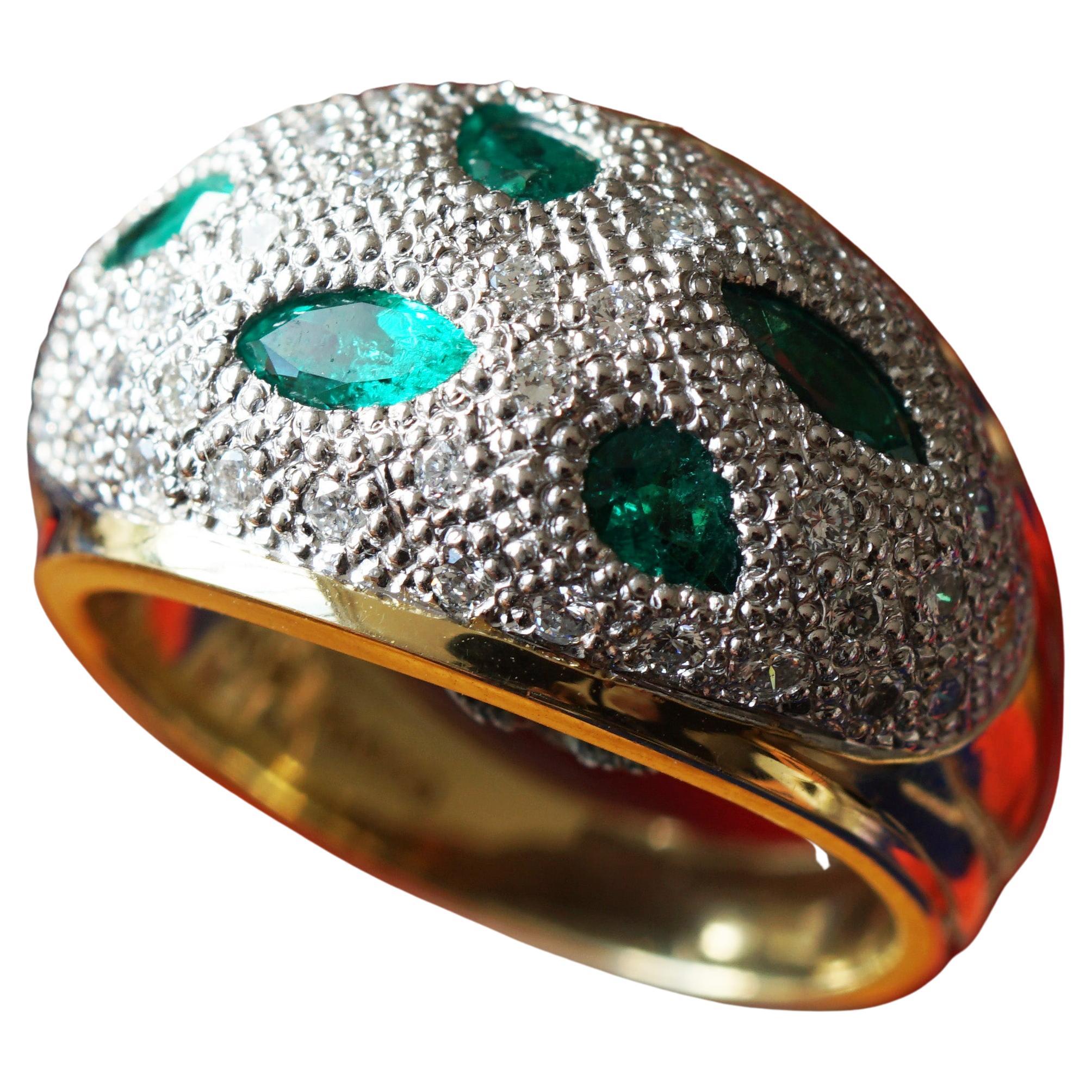 Emerald Brilliant Ring Tiger's Eye Poison Green Emerald Navettes in Dome Head For Sale