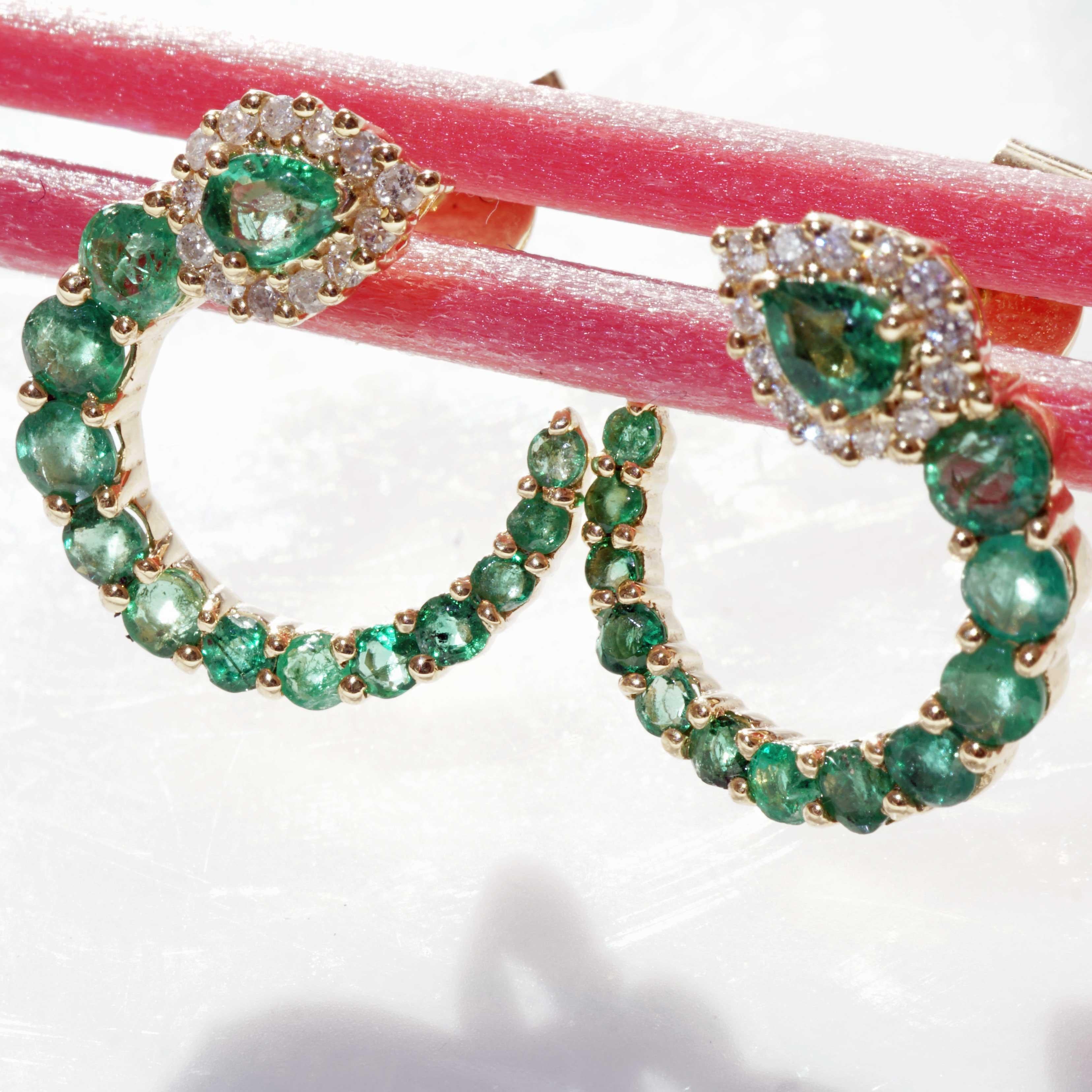 Women's or Men's Emerald Brilliant Stud Earrings Three Quarter Circle 1.20 ct 0.16 ct 16 x 15 mm