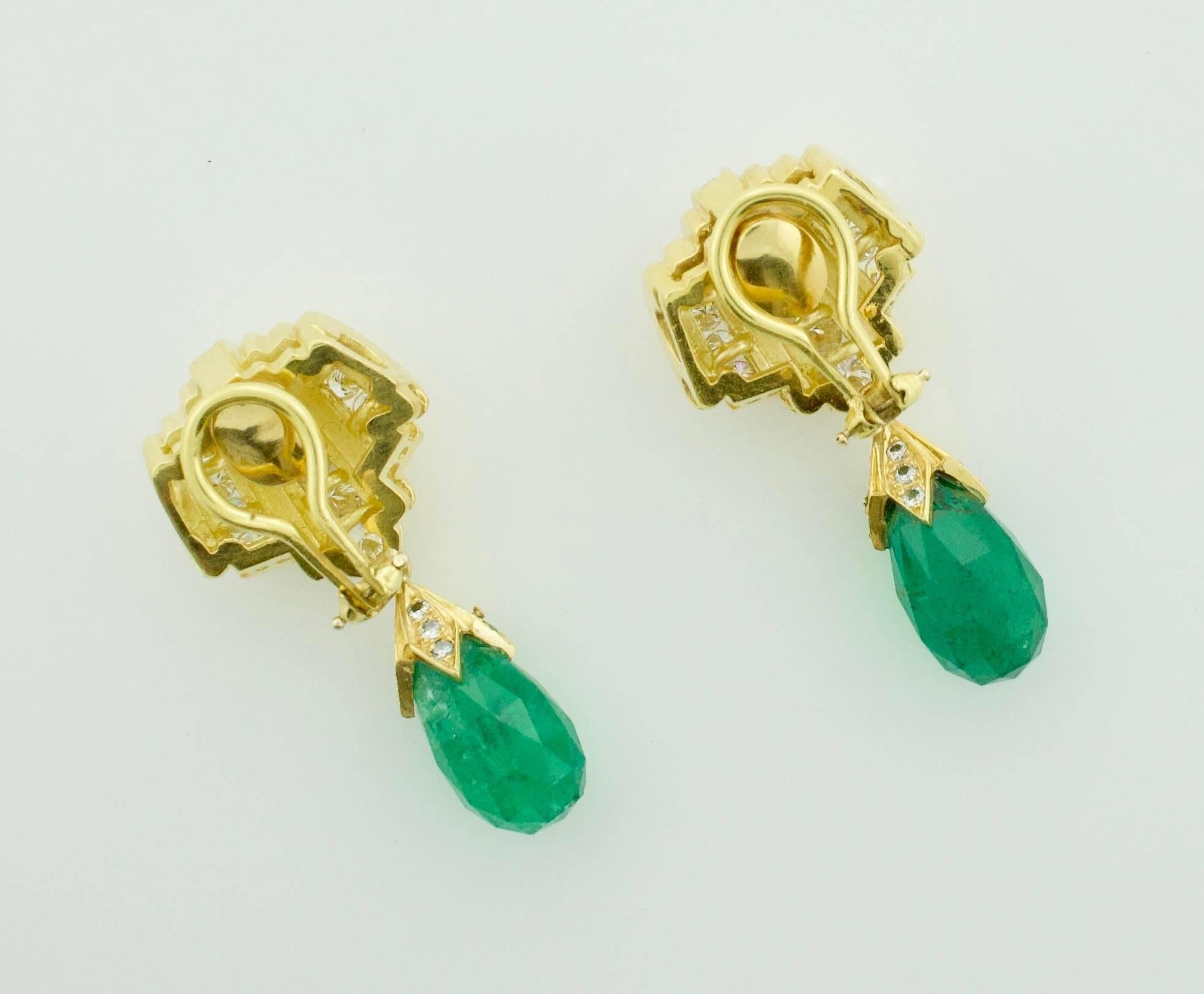 Modern Emerald Briolette and Diamond Earrings in 18 Karat Yellow Gold For Sale