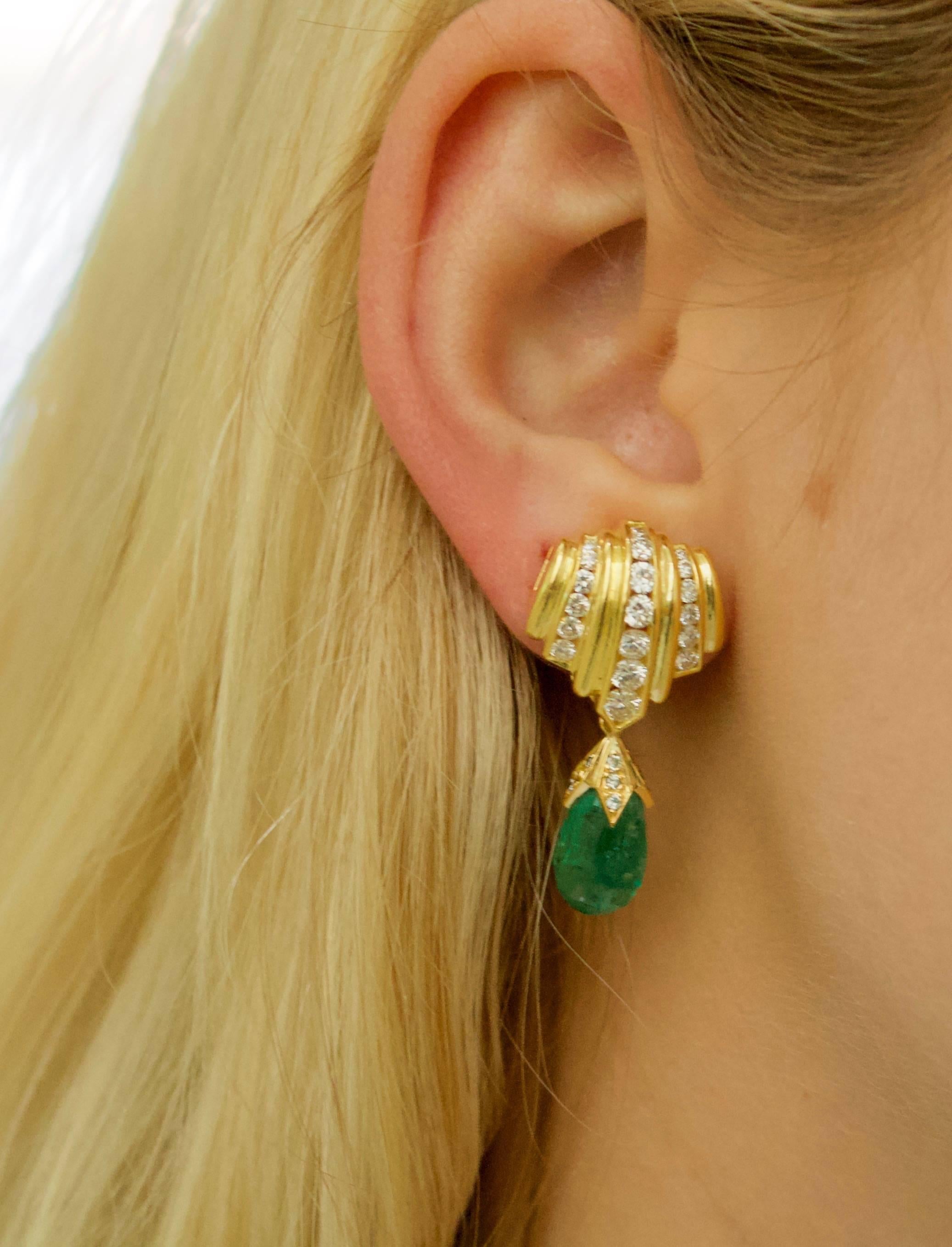 Briolette Cut Emerald Briolette and Diamond Earrings in 18 Karat Yellow Gold For Sale