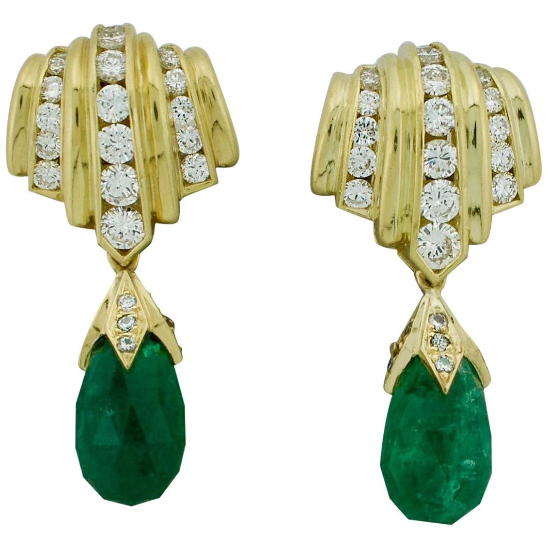 Emerald Briolette and Diamond Earrings in 18 Karat Yellow Gold For Sale