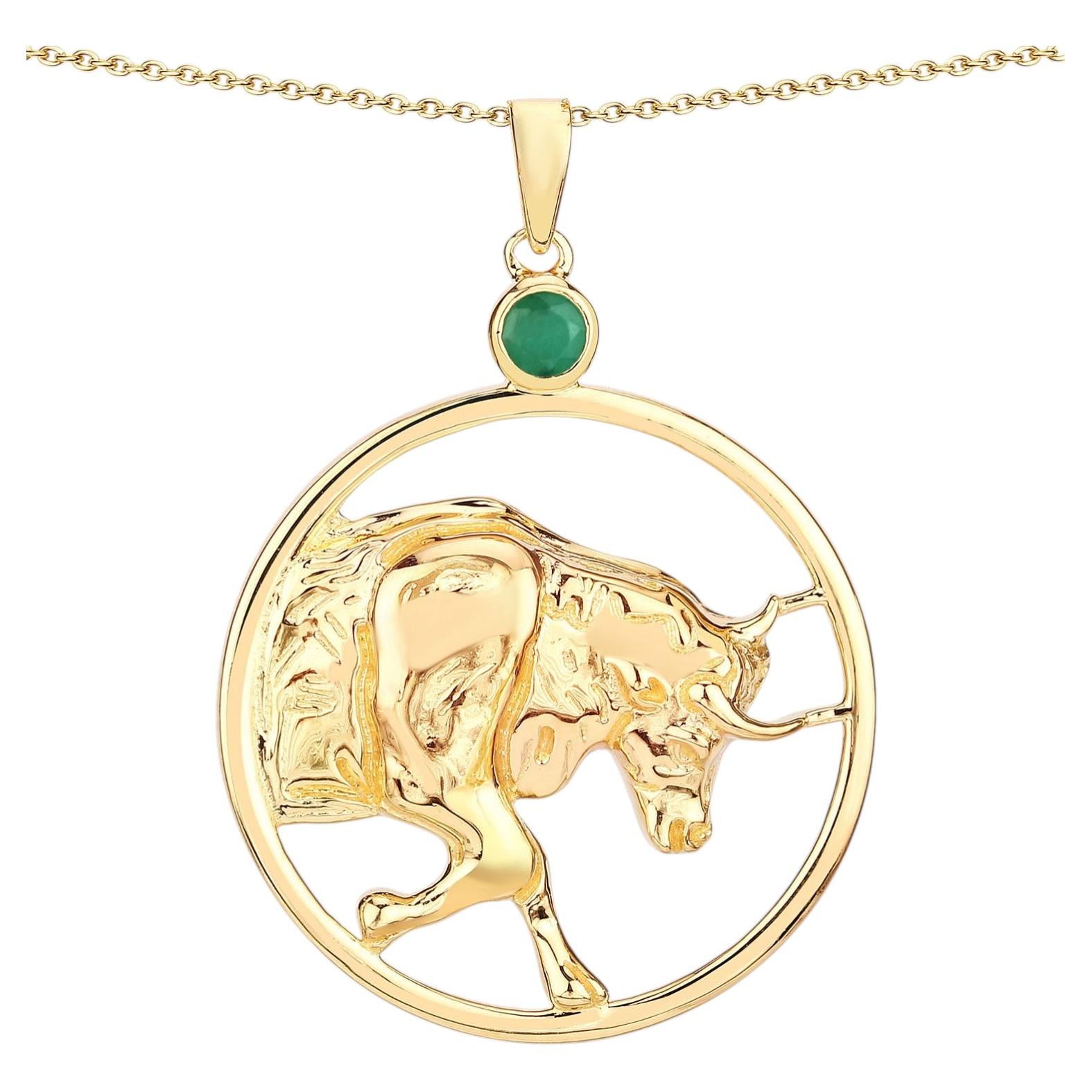 Emerald Bull Pendant 0.22 Carats Gold Plated Silver For Sale