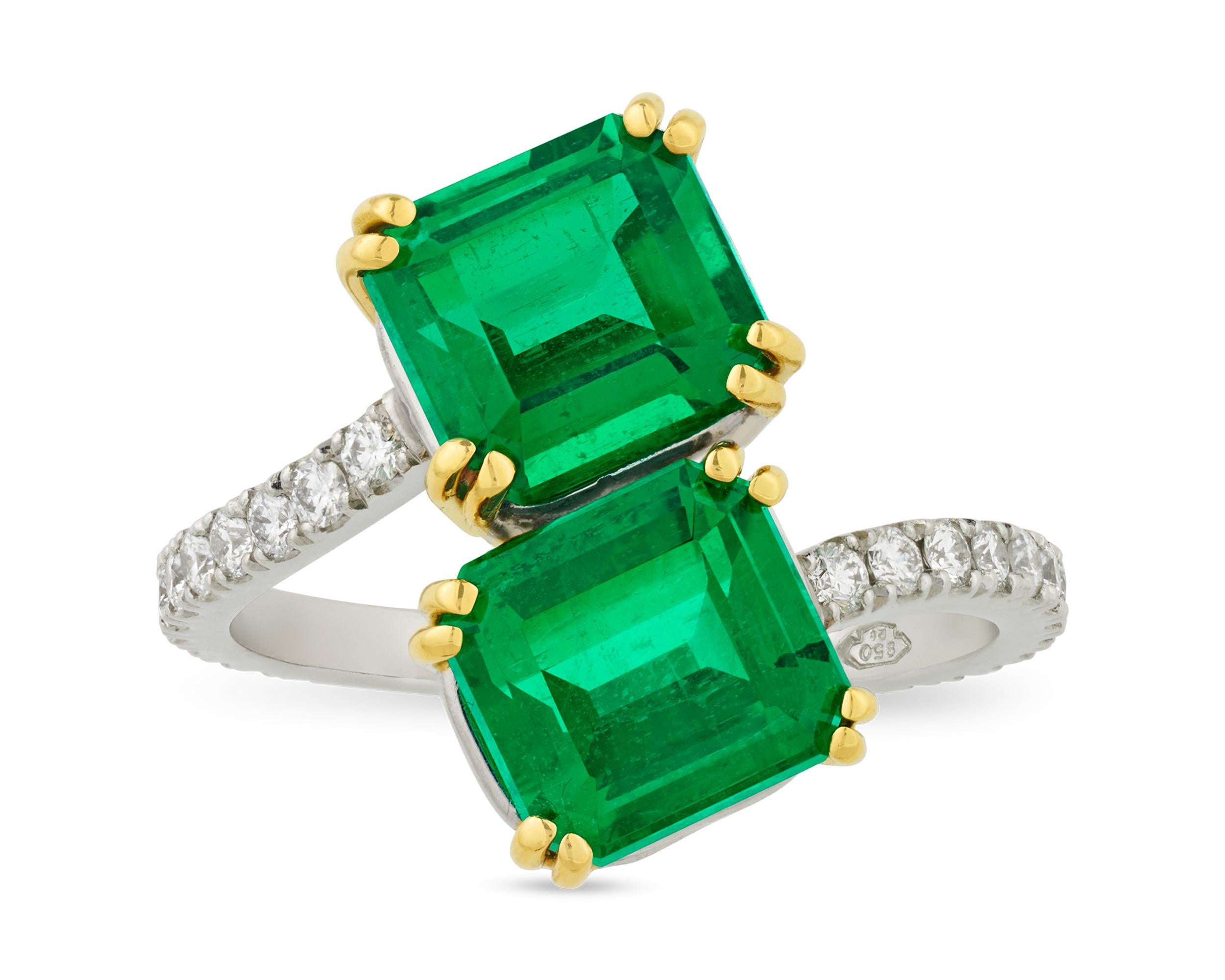 Emerald Cut Emerald Bypass Ring, 5.16 Carats For Sale