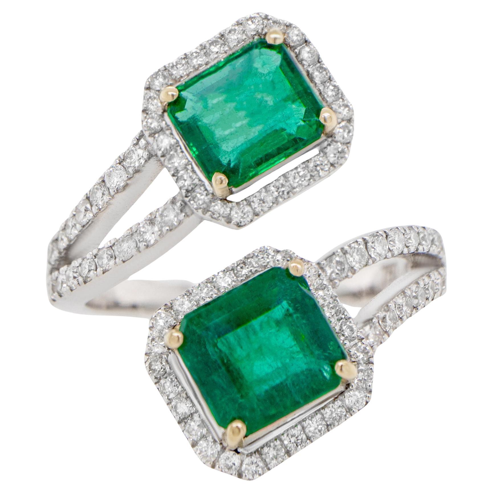 Emerald Bypass Ring Diamond Setting 3.36 Carats 18K Gold