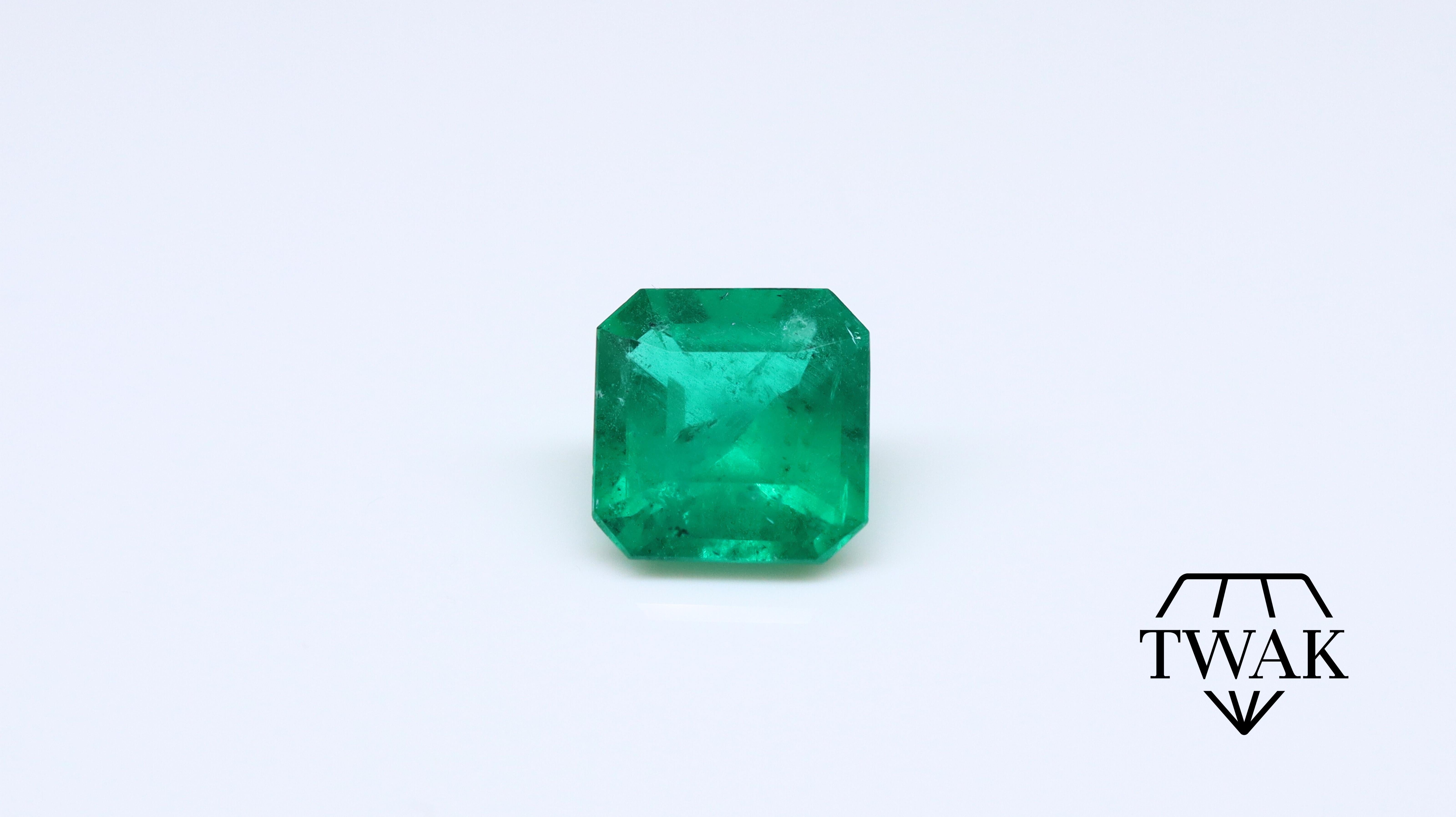 A beautiful Emerald with excellent color, crystal, and saturation.

Details and description:
Dimensions: 8.41 x 8.55 x 5.40mm
Weight: 2.41ct
Color: Vivid/Deep Green 
Treatment: Opticom

Emeralds are naturally porous and inclusive stones, with