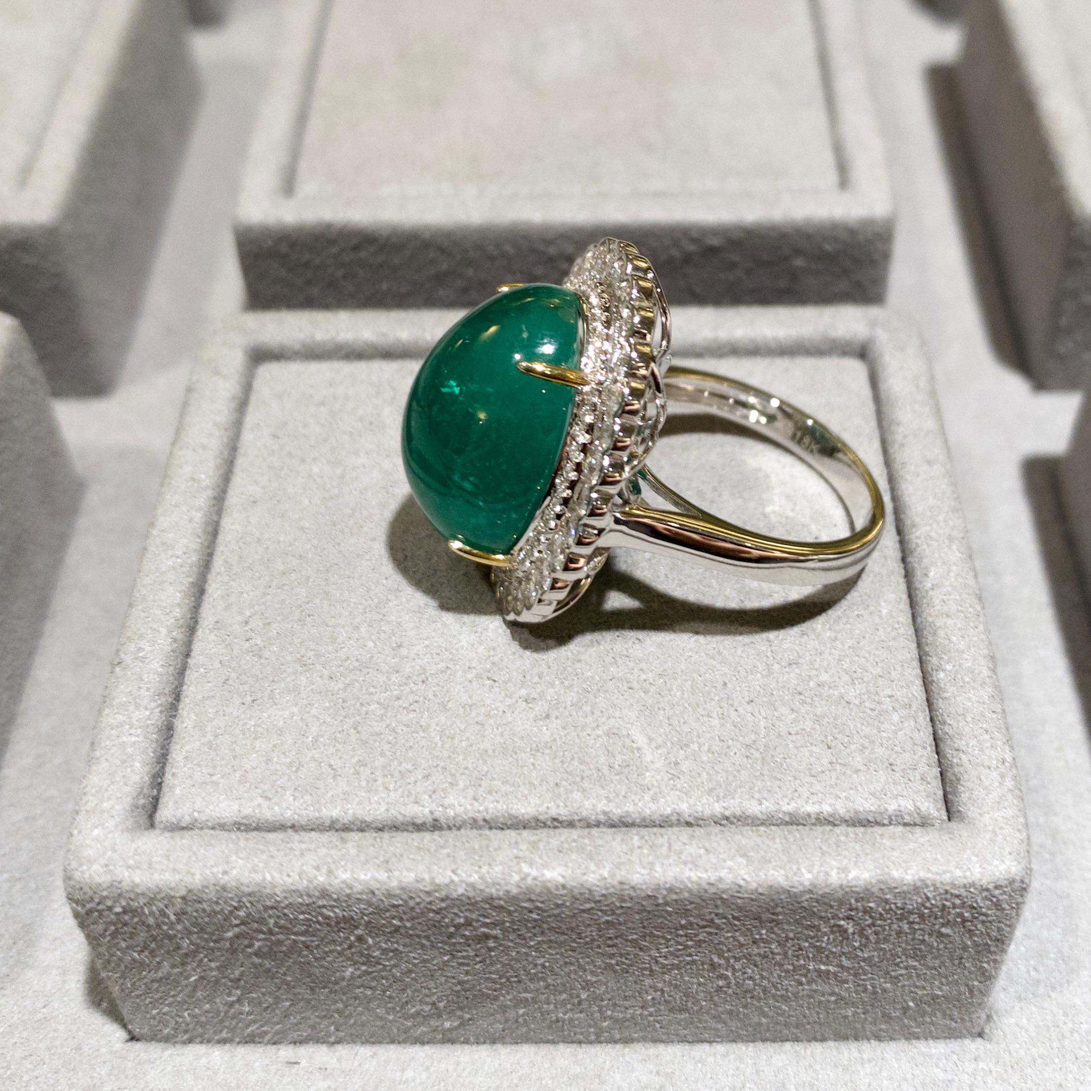 Contemporary Emerald Cabochon 15.48ct Muzo Color and Diamond Ring in 18K