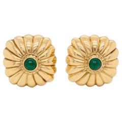 Emerald Cabochon 18ct Yellow Gold Vintage Fluted Earrings