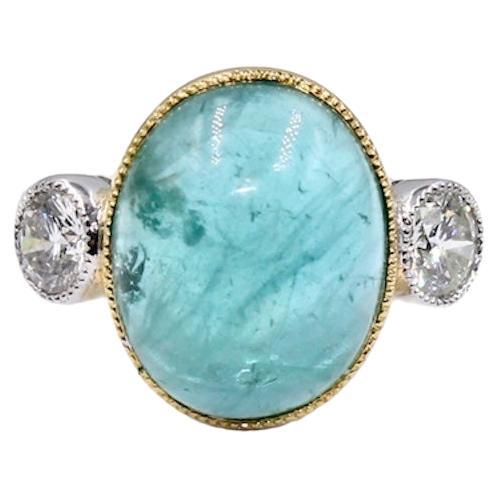 Emerald Cabochon 7.56 Carats and Diamond Ring For Sale