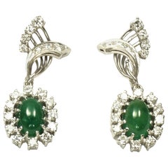 Emerald Cabochon and 2.6 Carat Diamond Clip-On Drop Earrings in 18 Karat Gold