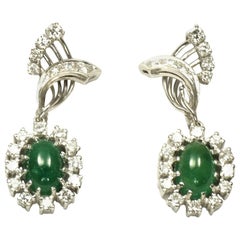 Vintage Emerald Cabochon and 2.6 Carat Diamond Clip-On Drop Earrings in 18 Karat Gold