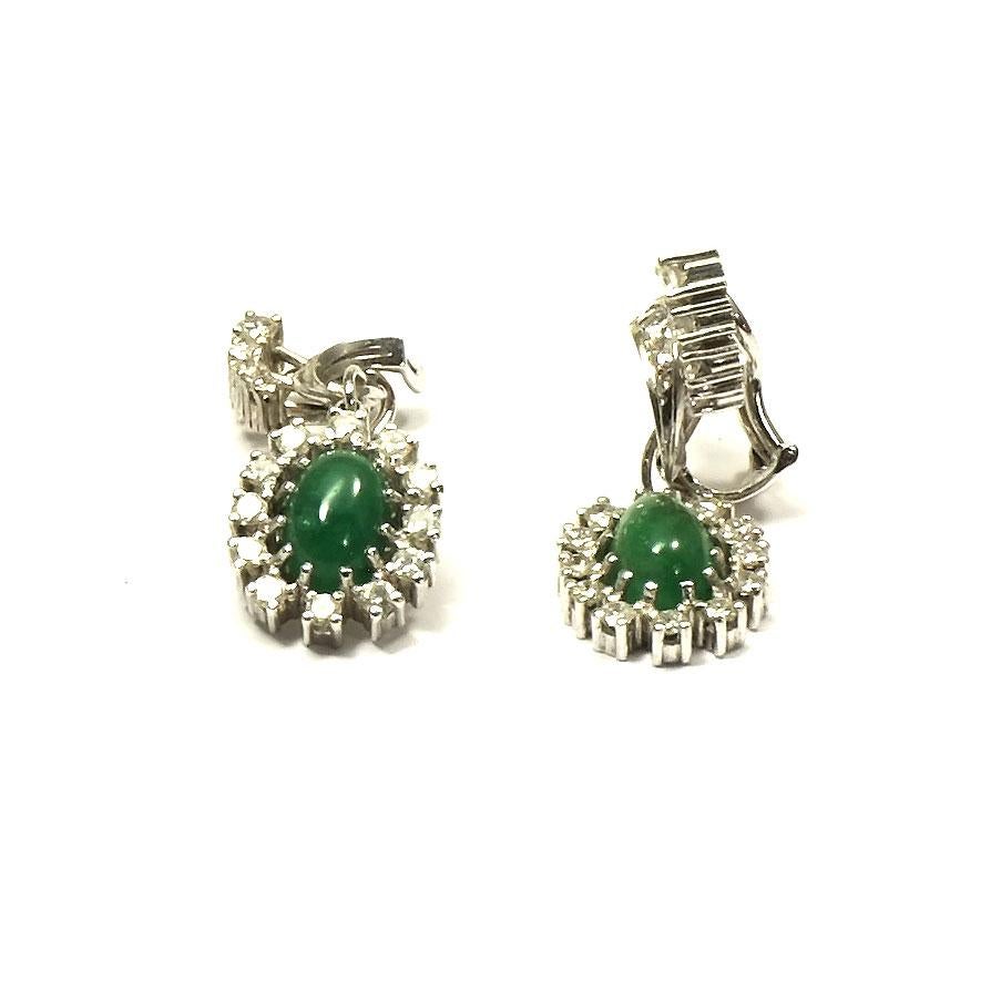 Modern Emerald Cabochon and 2.6 Carat Diamond Clip-On Drop Earrings in 18 Karat Gold For Sale